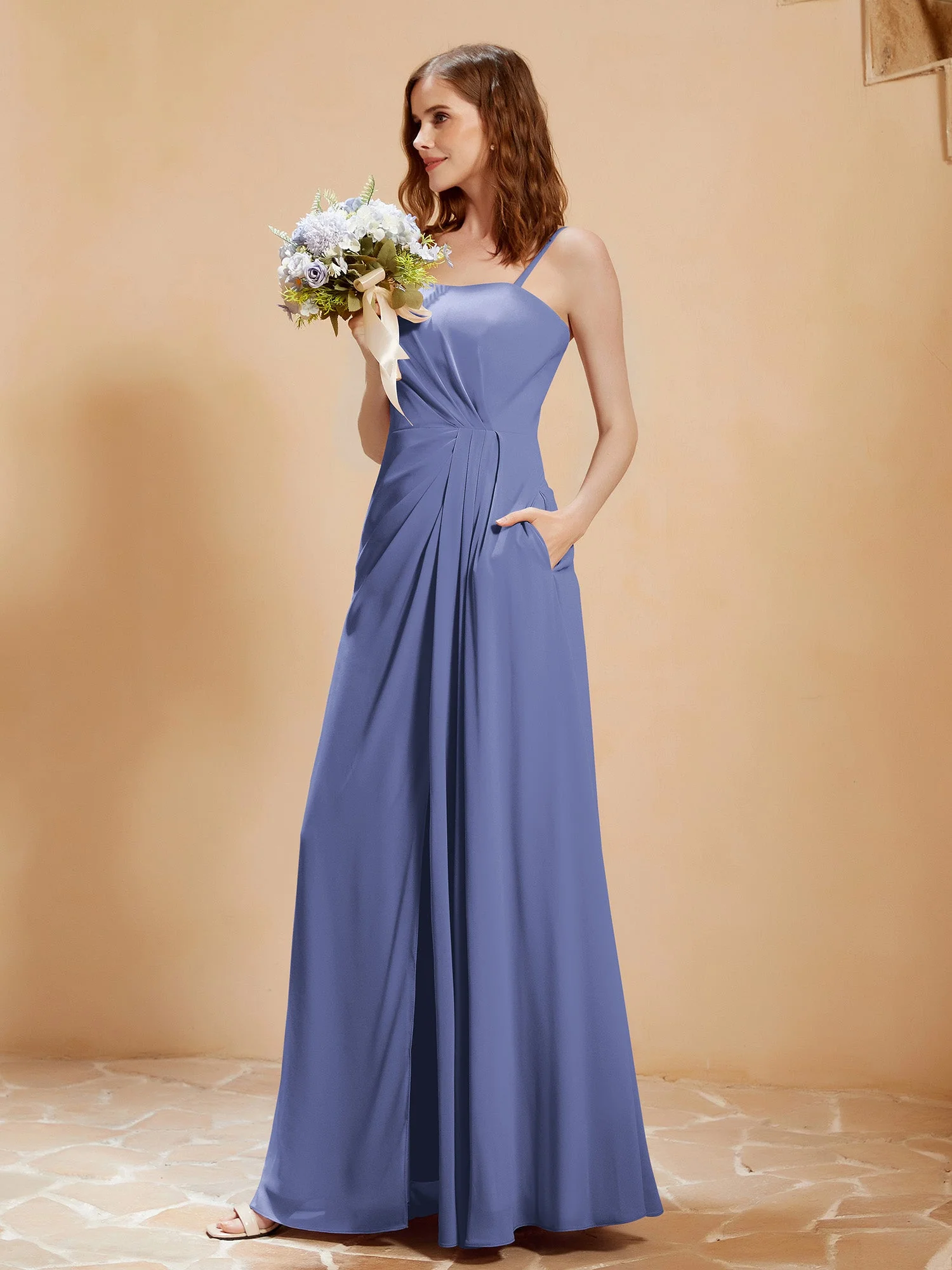 Quadratischer Ausschnitt Kleid mit Tasche Periwinkleblau