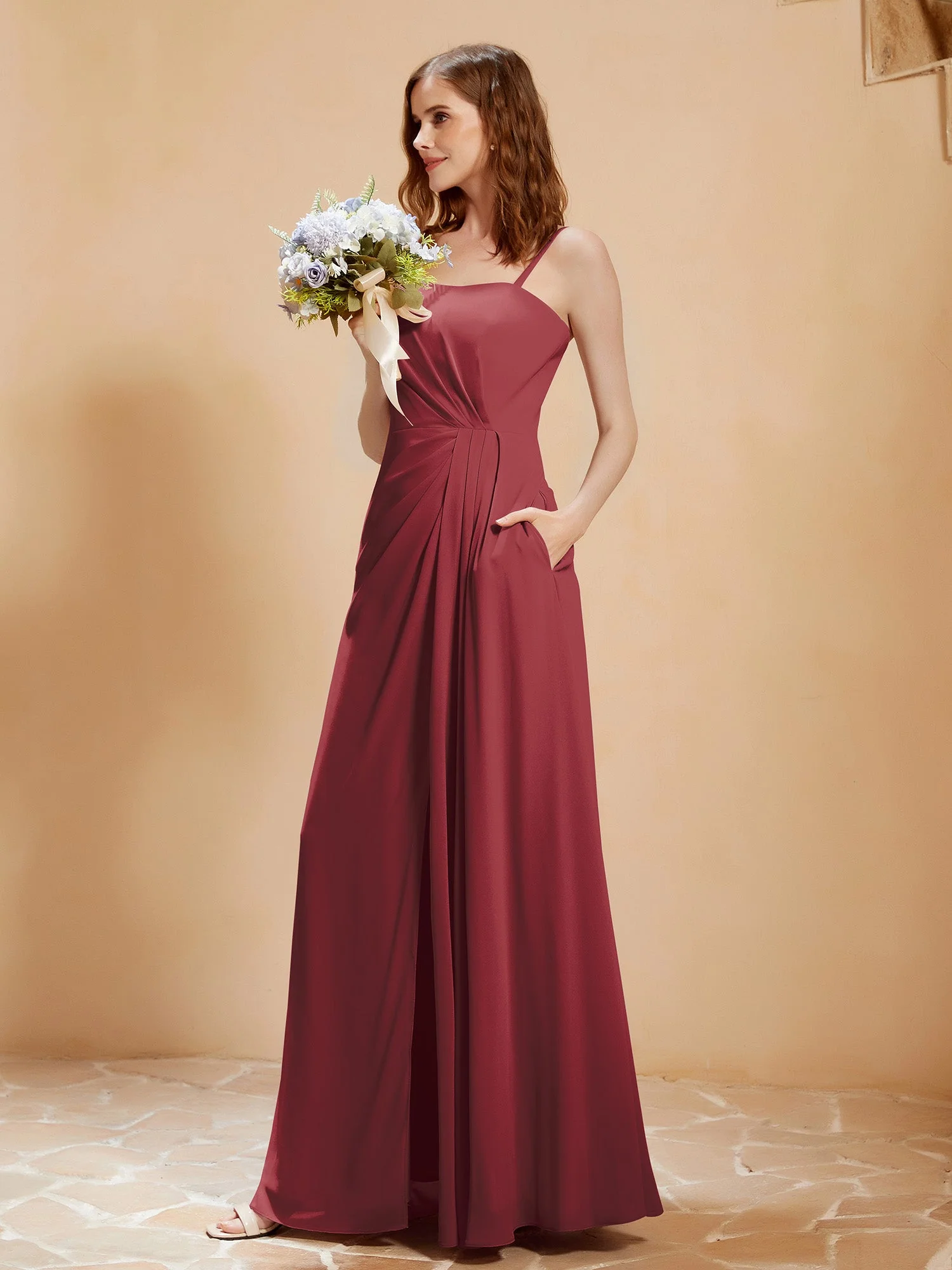 Quadratischer Ausschnitt Kleid mit Tasche Zimtrose