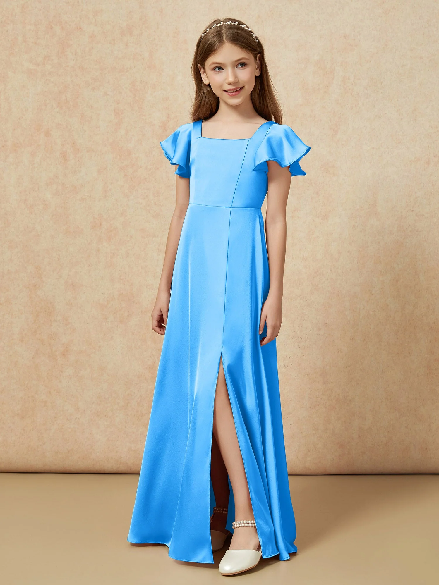 Quadratischer Ausschnitt Lang Satin Junge Brautjungfernkleider Meerblau - Image 5
