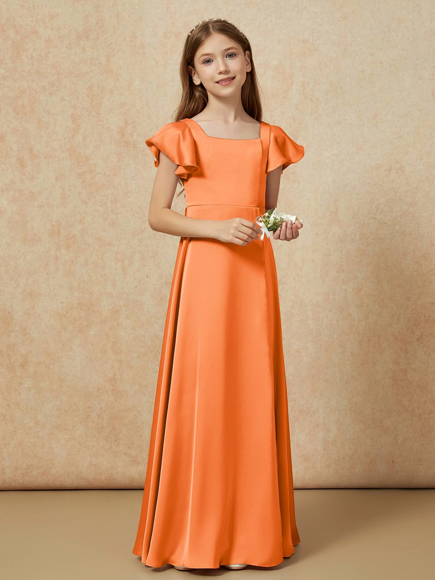 Quadratischer Ausschnitt Lang Satin Junge Brautjungfernkleider Orange - Image 6