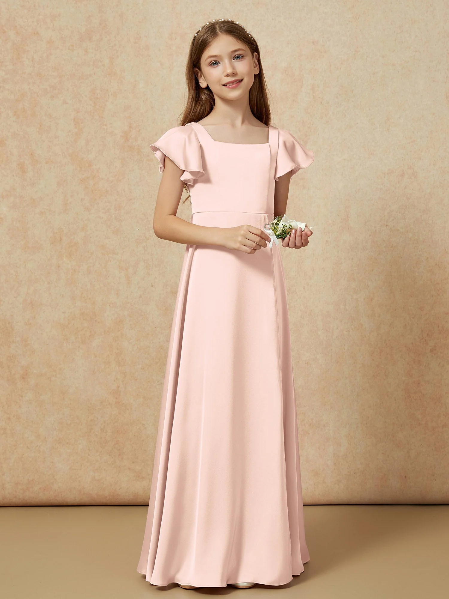 Quadratischer Ausschnitt Lang Satin Junge Brautjungfernkleider Perlrosa - Image 6
