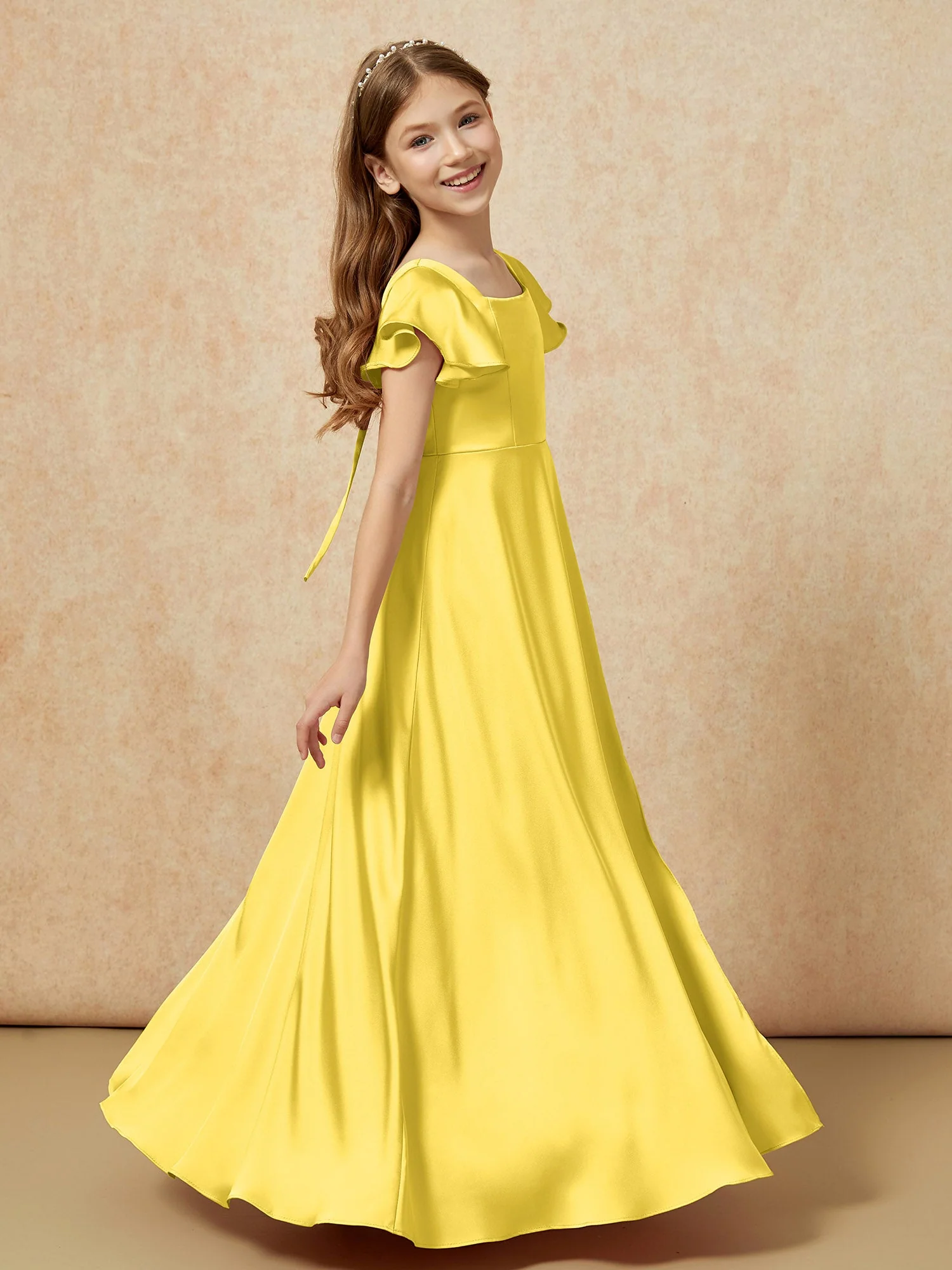 Quadratischer Ausschnitt Lang Satin Junge Brautjungfernkleider Ringelblume - Image 3