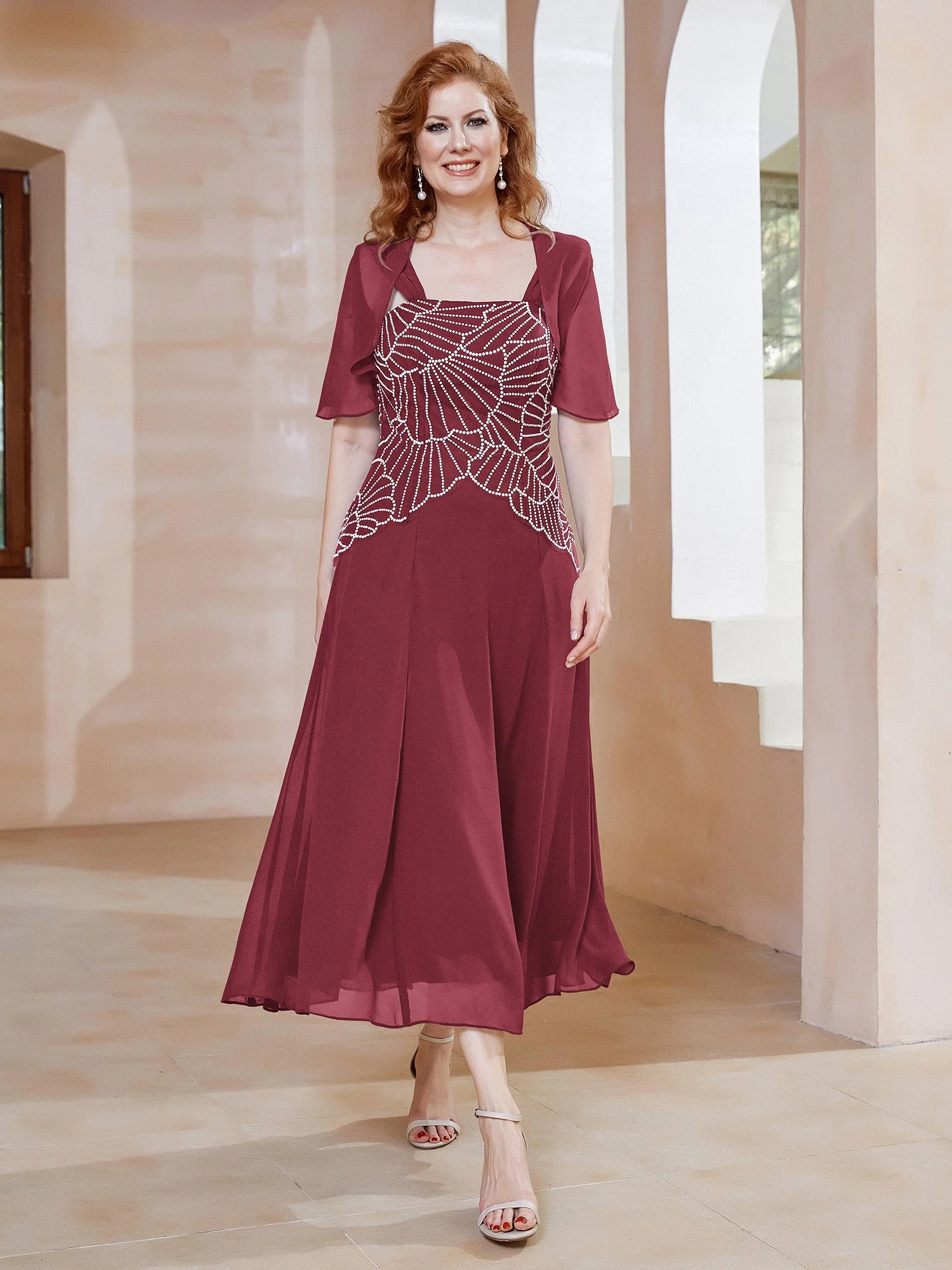 Quadratischer Ausschnitt Perlen Chiffon A-Linie Kleid Zimtrose Übergröße