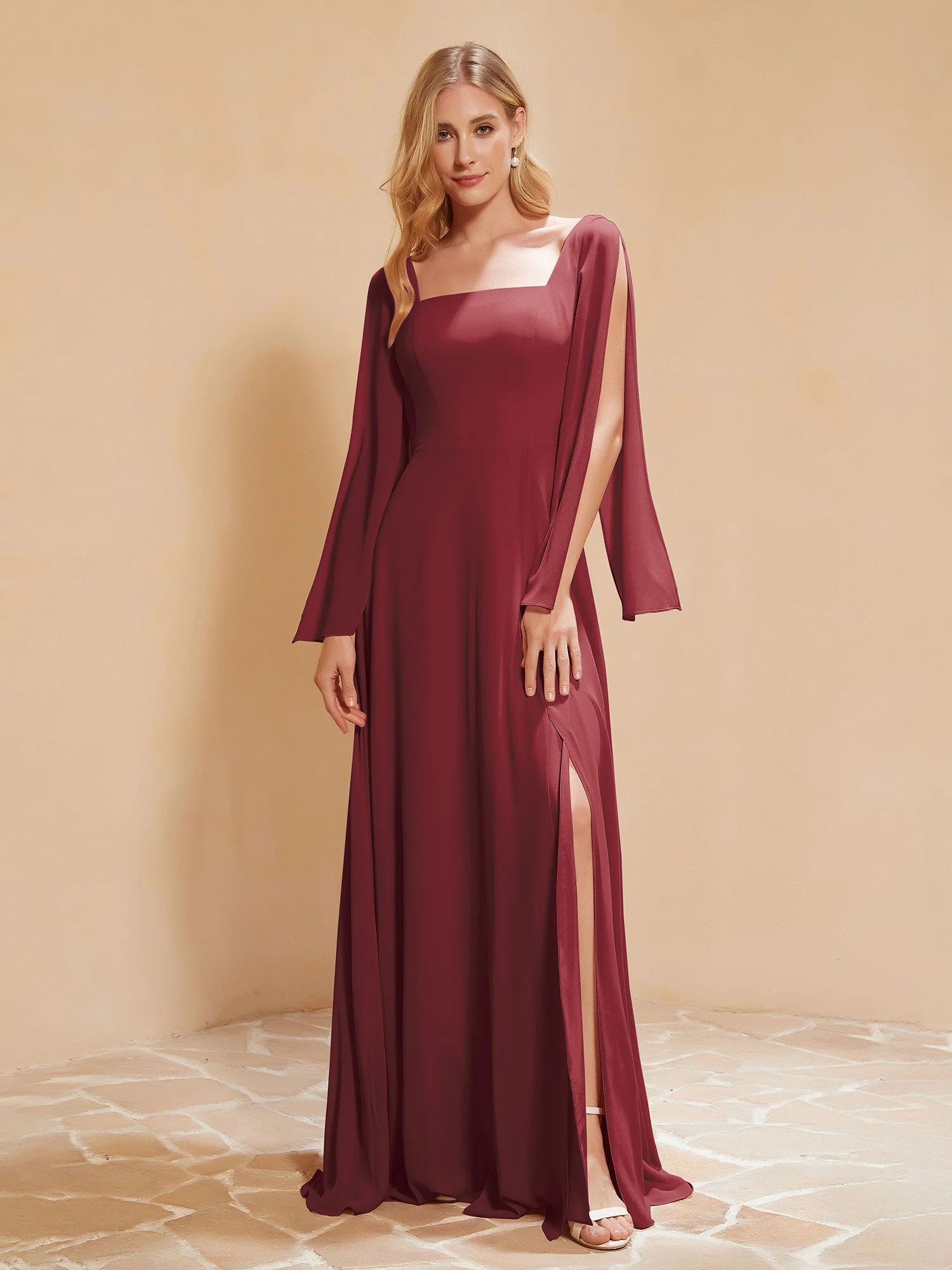 Quadratischer Ausschnitt Rüschen Chiffon Bodenlang Kleid Zimtrose