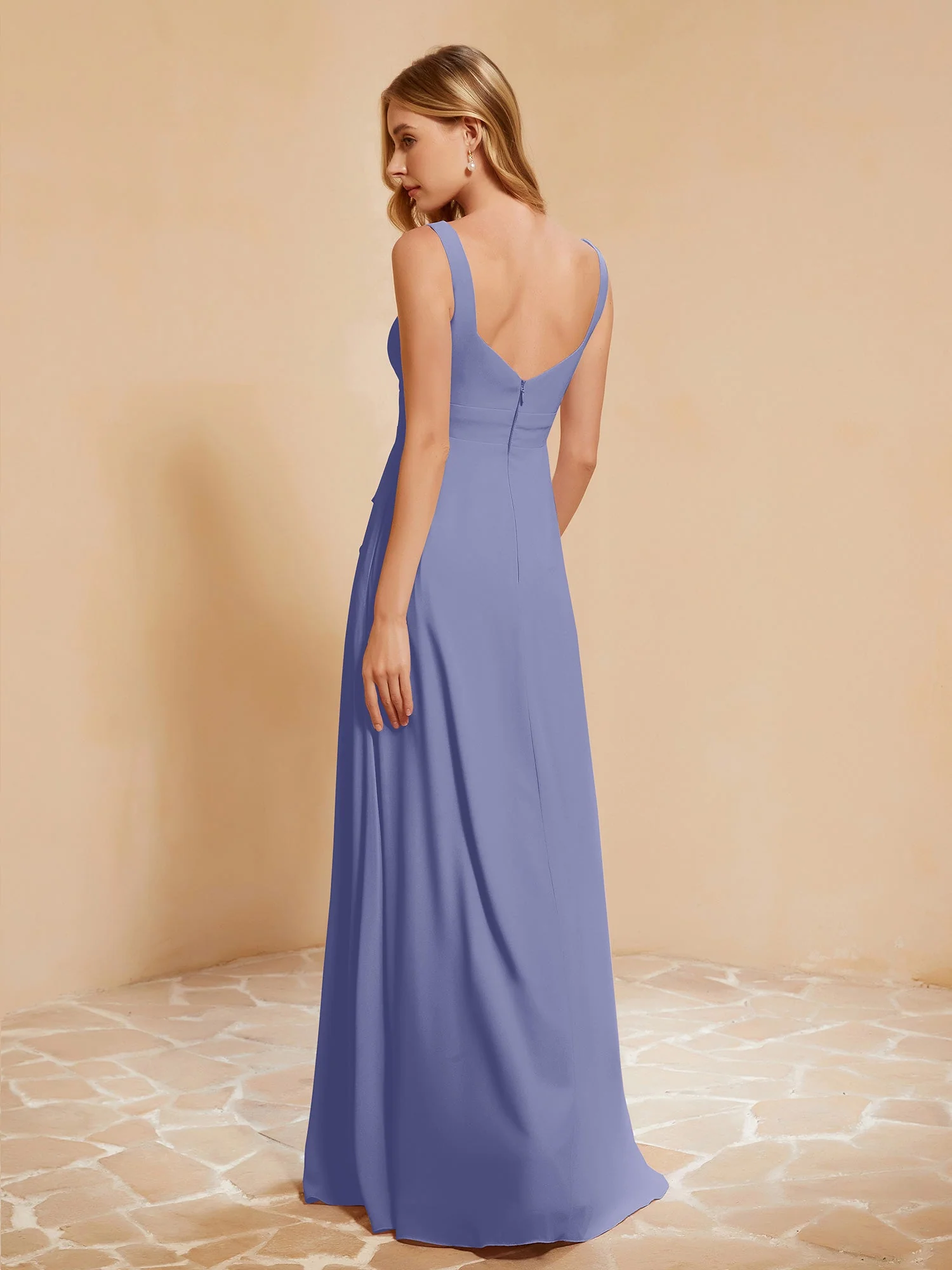 Quadratischer Ausschnitt Rüschen Rückenfrei Kleid Periwinkleblau - Image 2