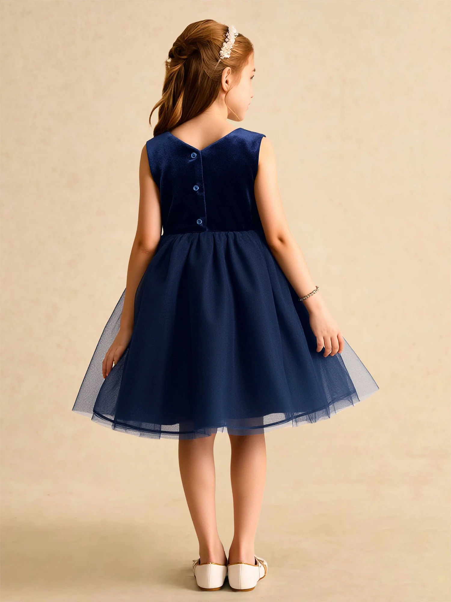 Quadratischer Ausschnitt Samt Tüll Blumenmädchen Kleid mit Schleife Dunkelmarine - Image 2