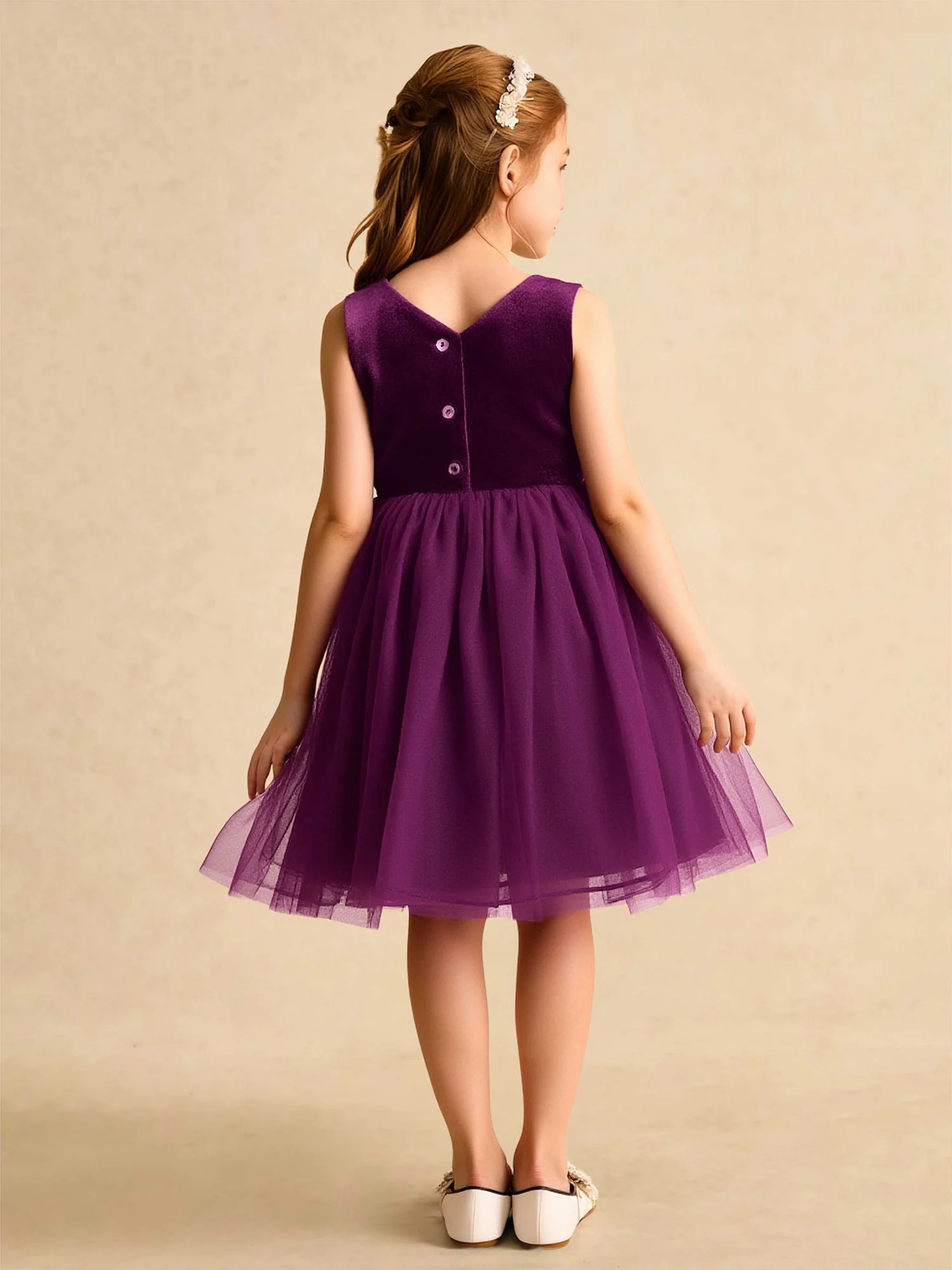 Quadratischer Ausschnitt Samt Tüll Blumenmädchen Kleid mit Schleife Orchidee - Image 2