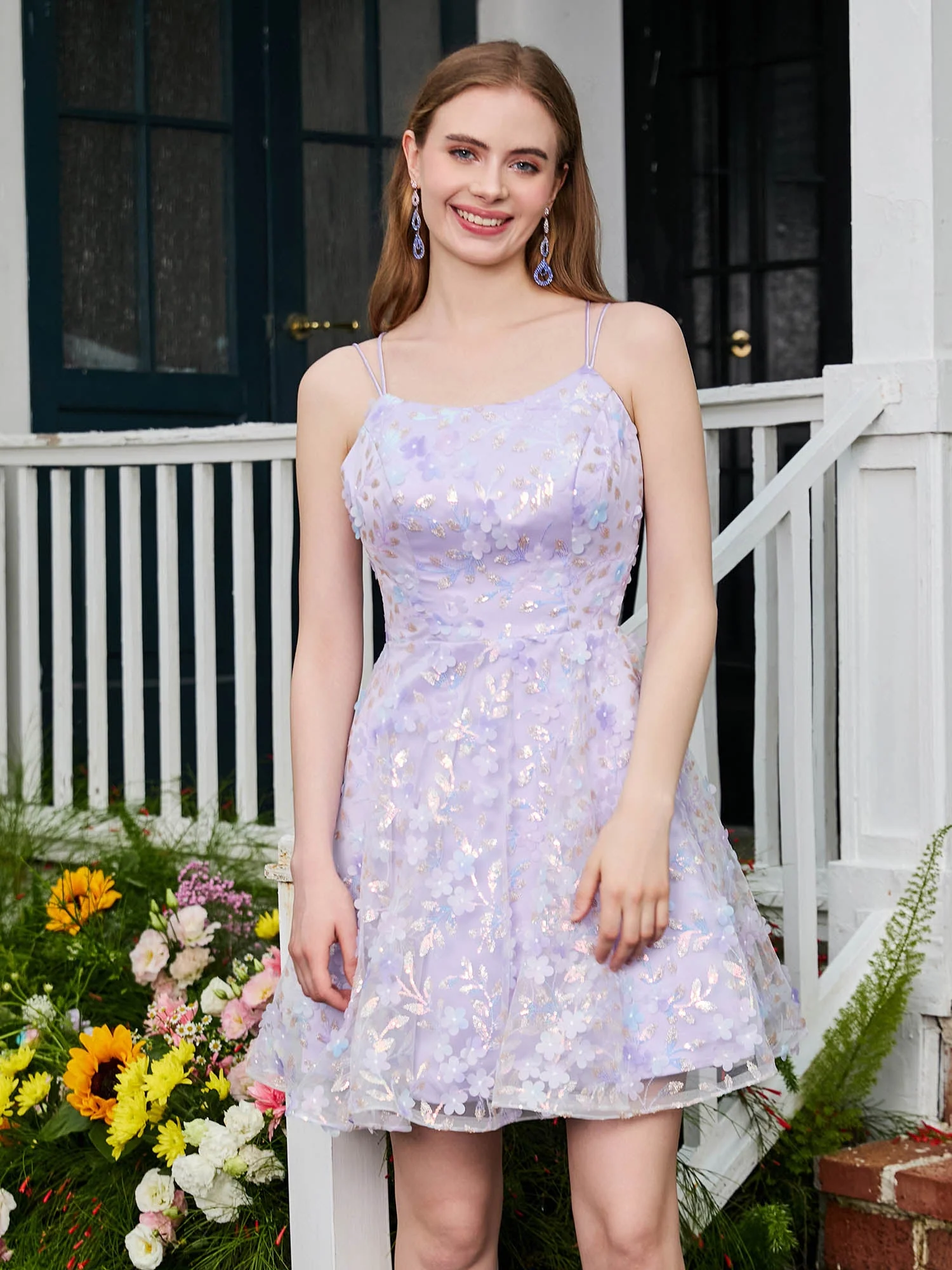 Quadratisches A-Linien-Minikleid Von Mit Floraler Spitze Lila - Image 4