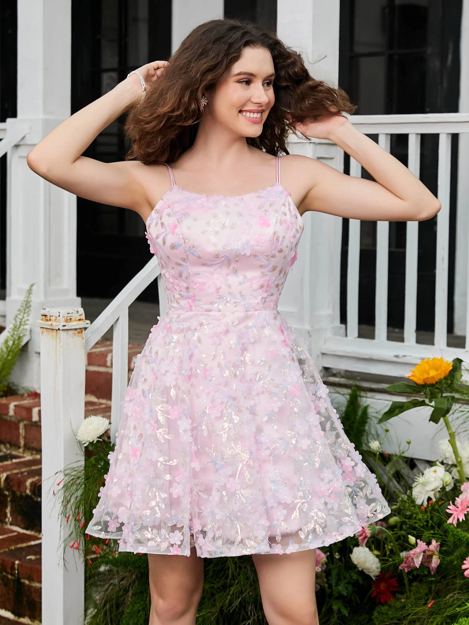 Quadratisches A-Linien-Minikleid Von Mit Floraler Spitze Zartrosa