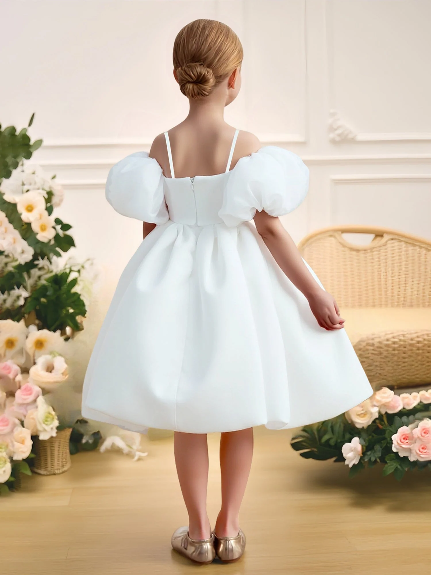 Spaghettiträger Voll Rock Ballon Saum Blumenmädchen Kleid Weiß - Image 2