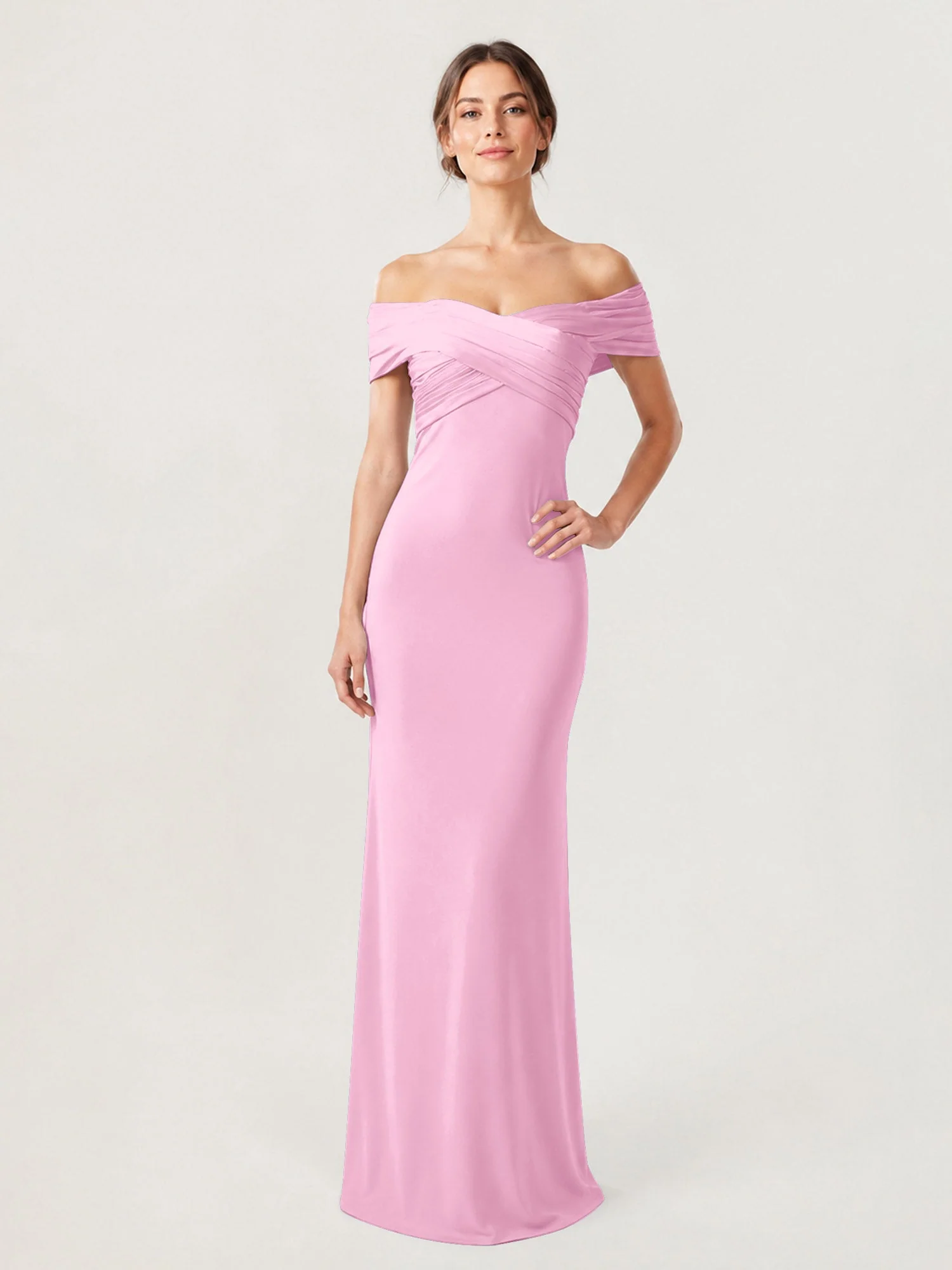 Schulterfreies Crêpe-Säulenkleid Mit Gerafftem Oberteil Bonbonrosa