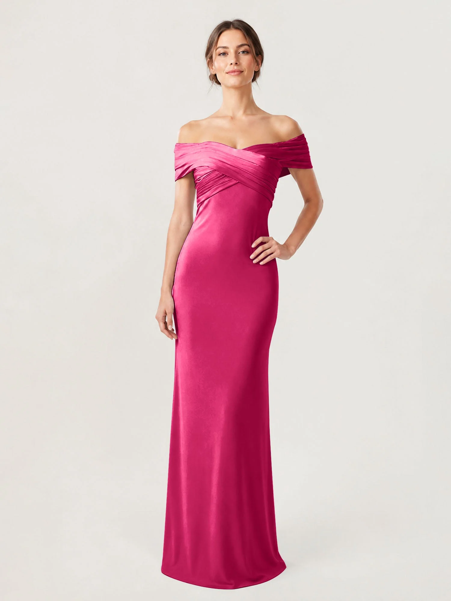 Schulterfreies Crêpe-Säulenkleid Mit Gerafftem Oberteil Fuchsia