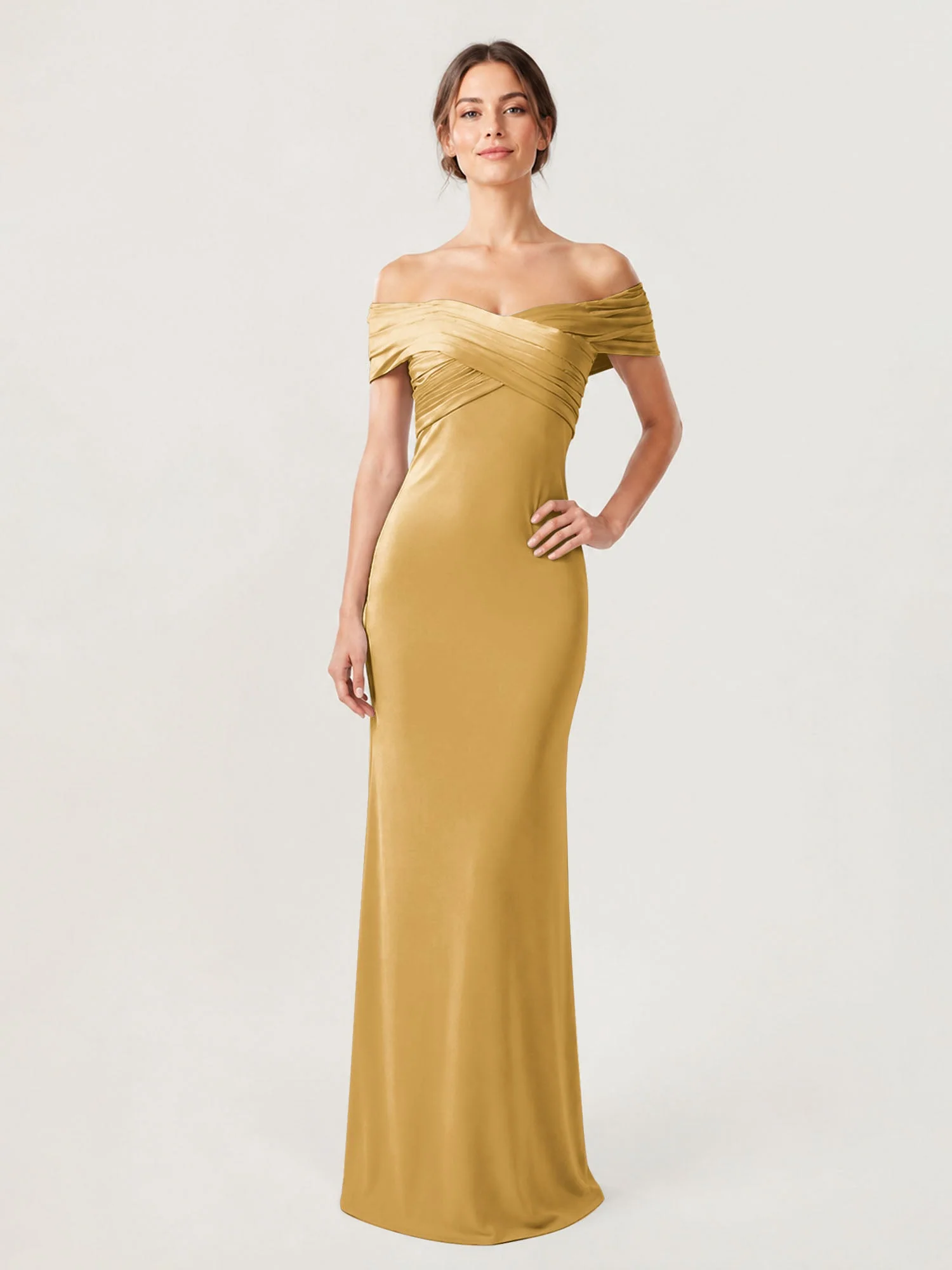 Schulterfreies Crêpe-Säulenkleid Mit Gerafftem Oberteil Gold