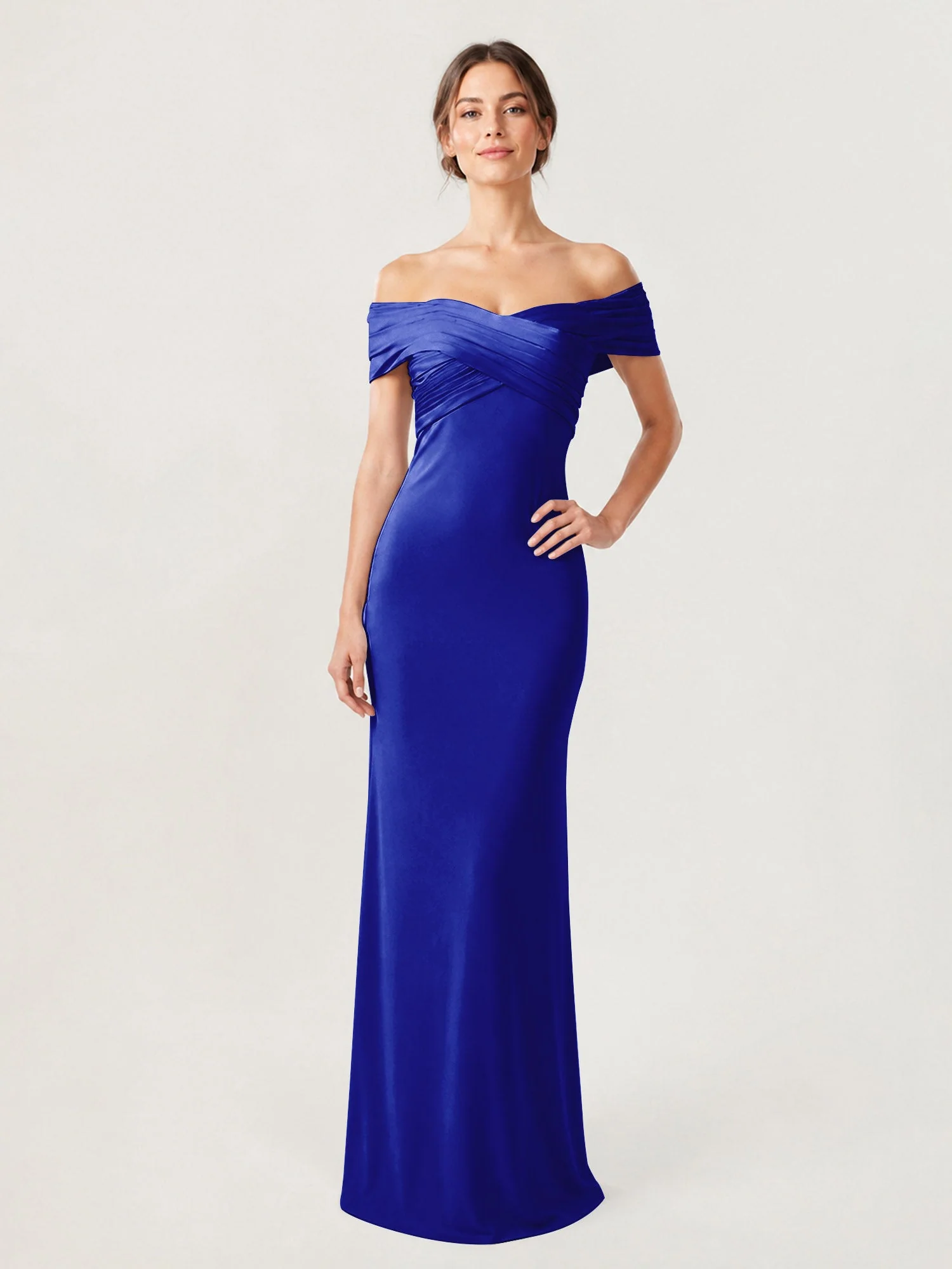 Schulterfreies Crêpe-Säulenkleid Mit Gerafftem Oberteil Königsblau