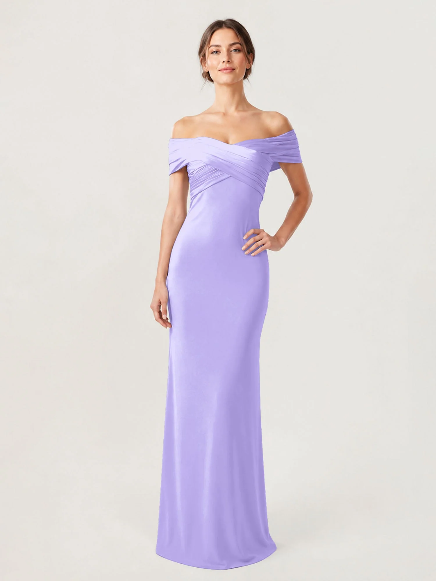 Schulterfreies Crêpe-Säulenkleid Mit Gerafftem Oberteil Lila