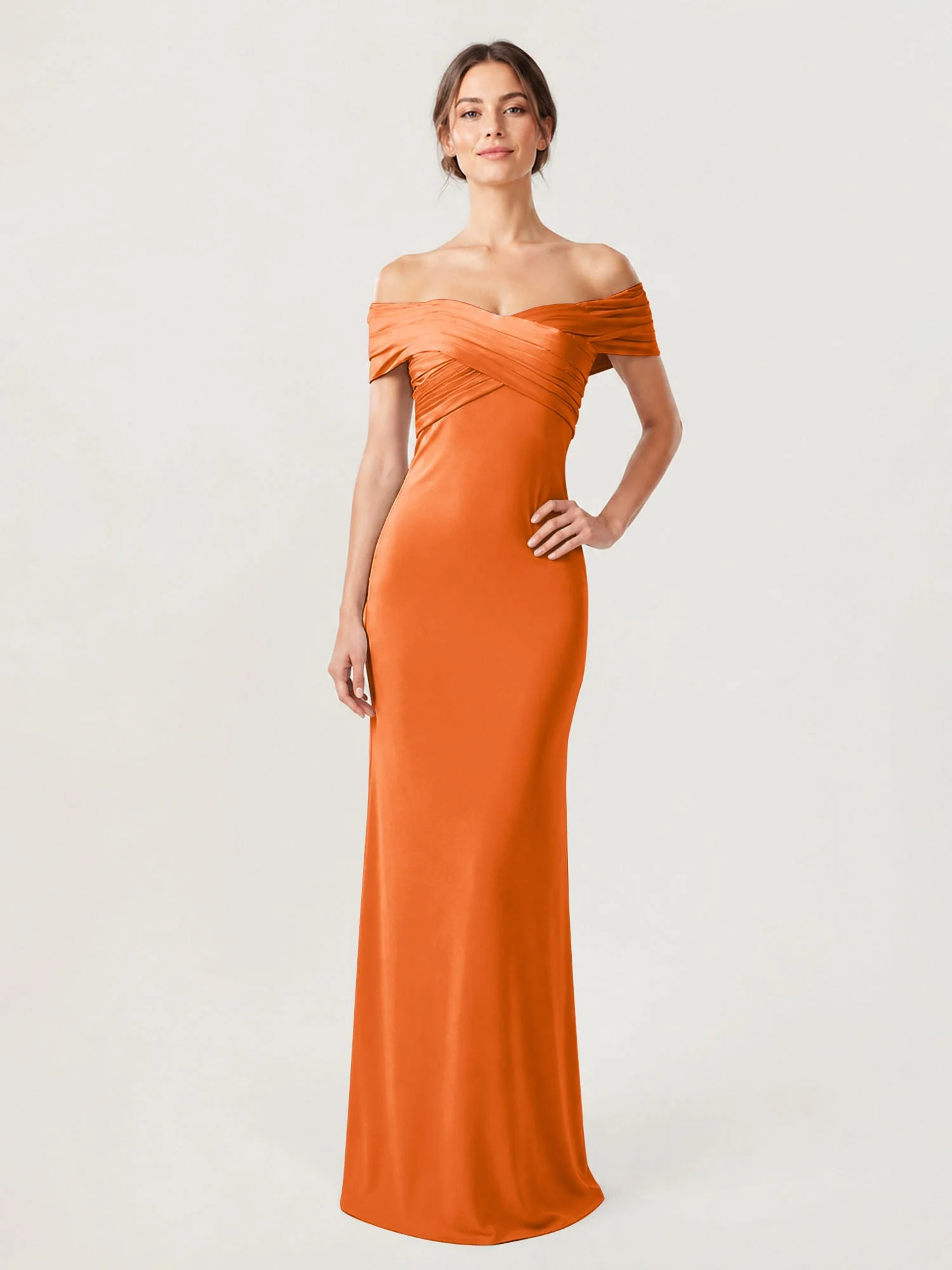 Schulterfreies Crêpe-Säulenkleid Mit Gerafftem Oberteil Orange