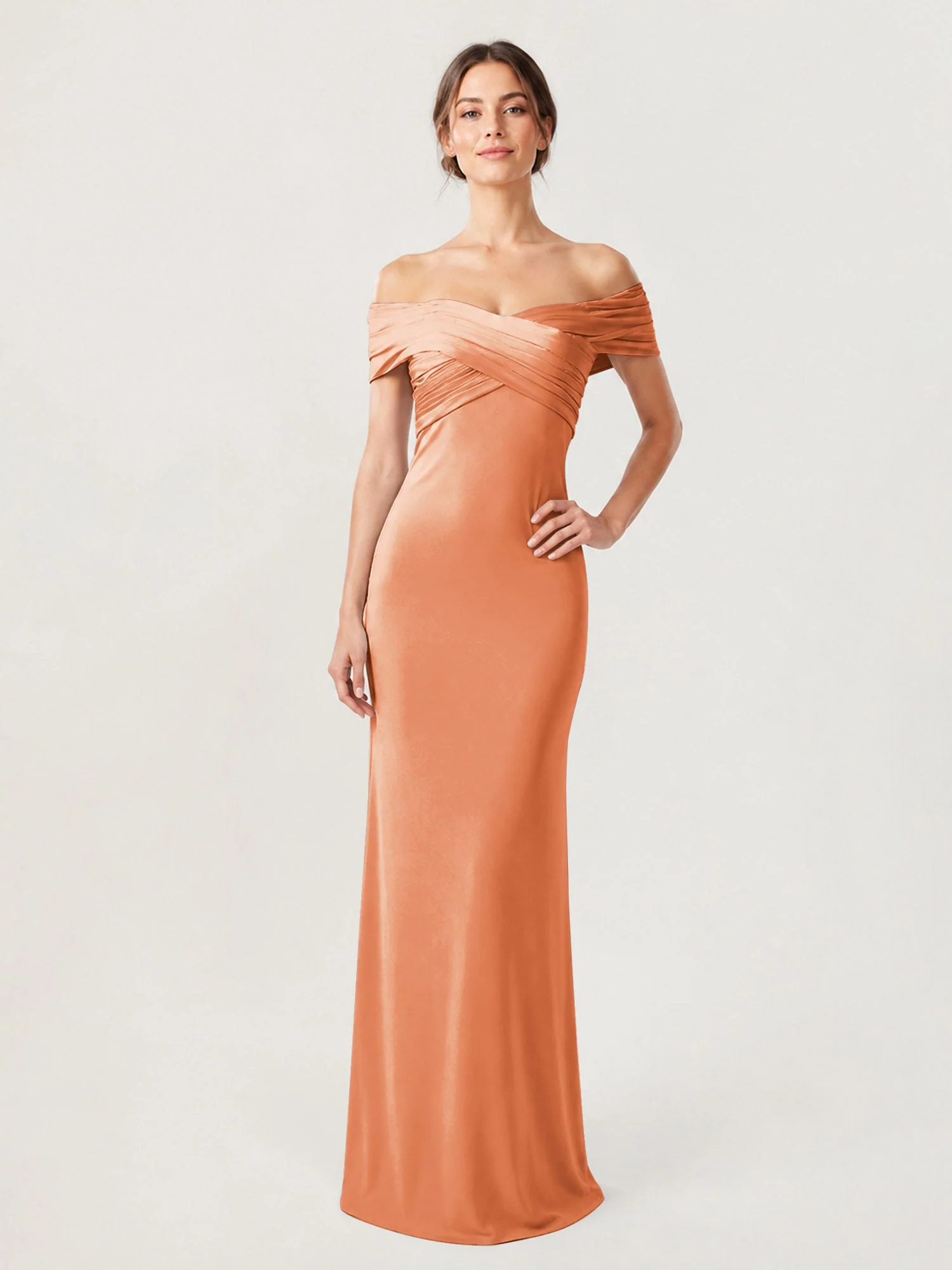 Schulterfreies Crêpe-Säulenkleid Mit Gerafftem Oberteil Papaya