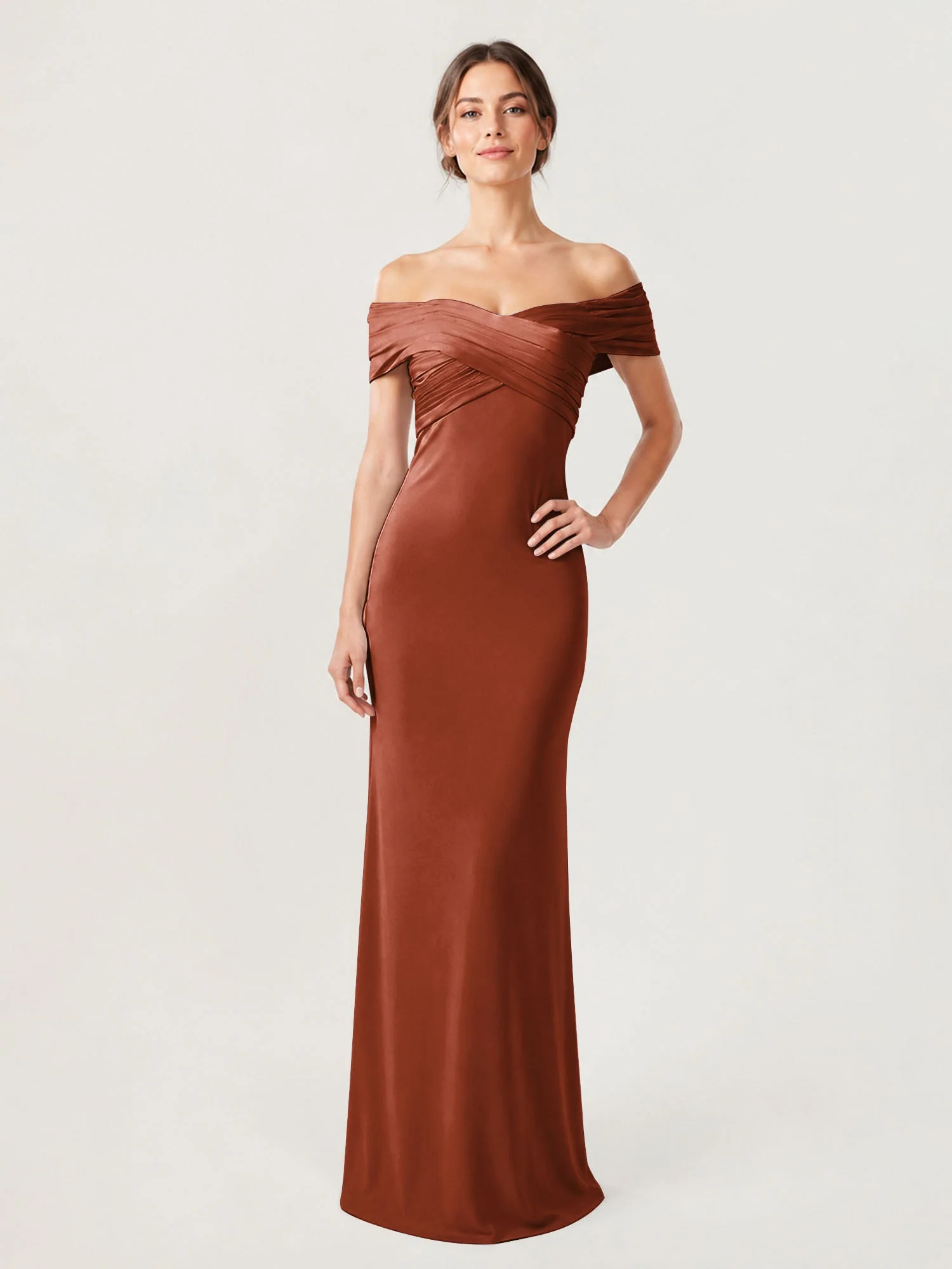 Schulterfreies Crêpe-Säulenkleid Mit Gerafftem Oberteil Rost