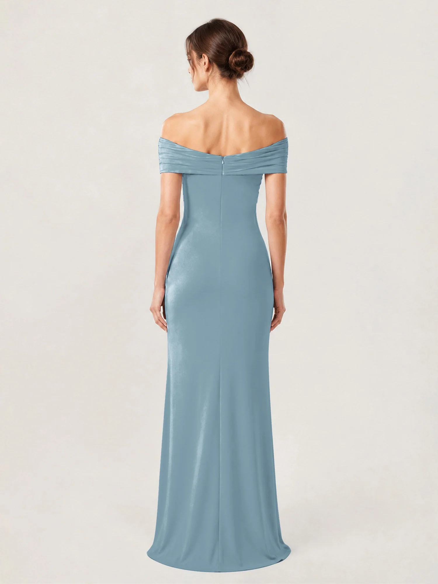 Schulterfreies Crêpe-Säulenkleid Mit Gerafftem Oberteil Staubiges Blau - Image 2