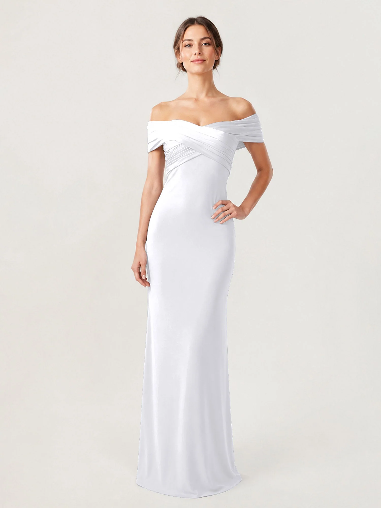 Schulterfreies Crêpe-Säulenkleid Mit Gerafftem Oberteil Weiß