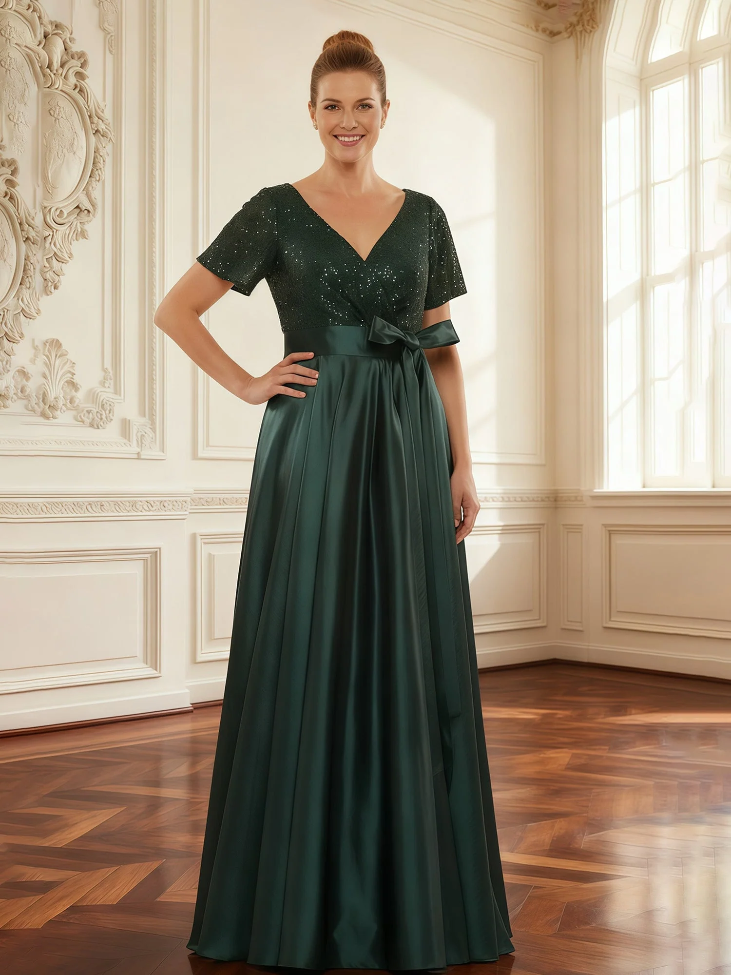 Pailletten Oberteil A-Linie Kleid mit Plissee Rock Olivgrün