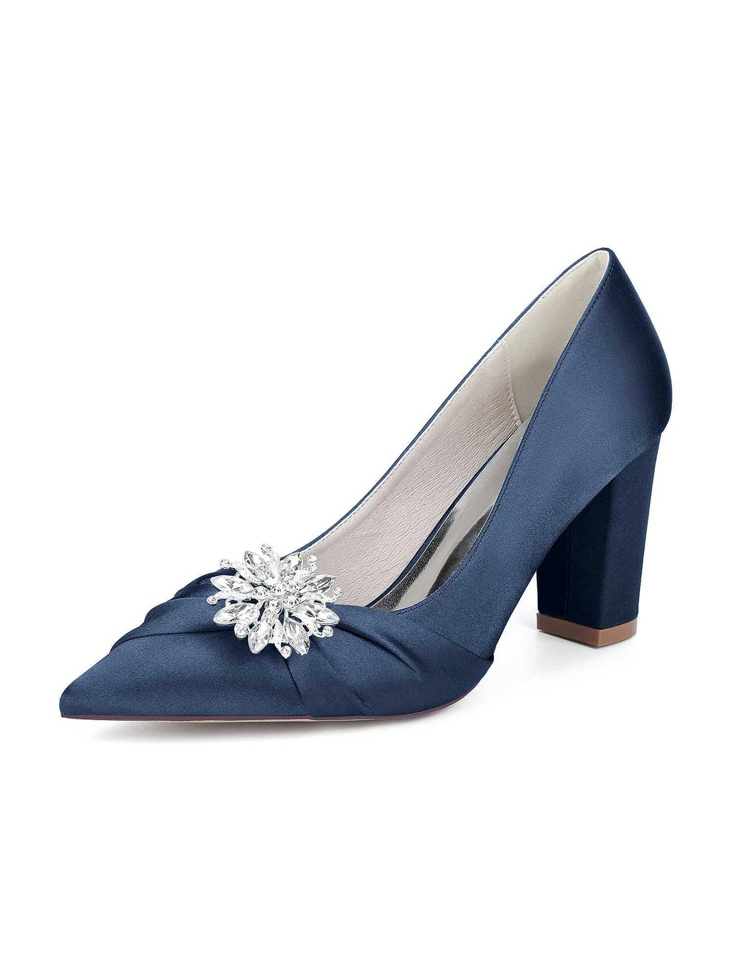 Retro-Pumps mit spitzer Zehenpartie, Blockabsatz und Kristallen aus Kunstseide