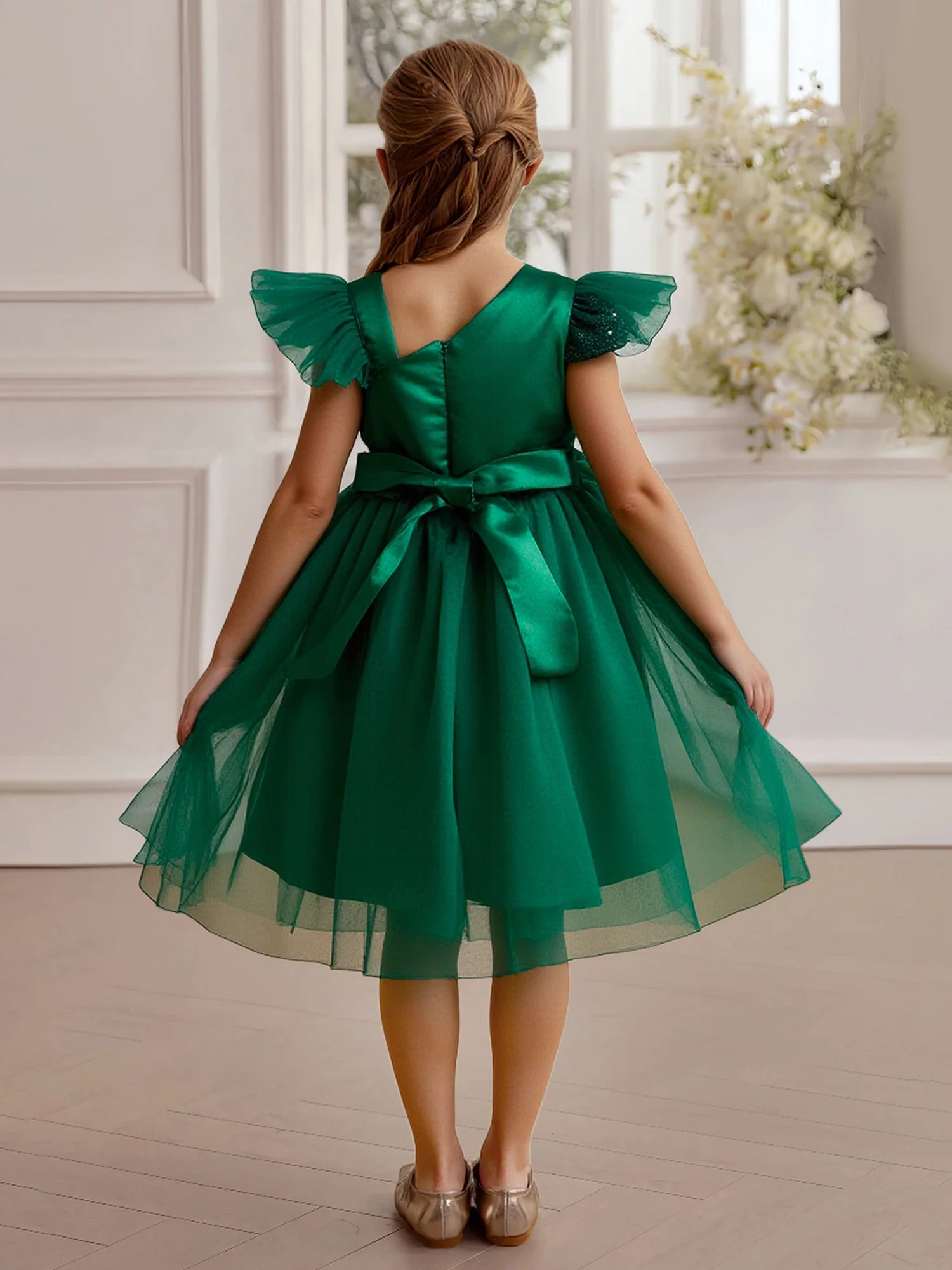 Rüschen Trim Ärmellos Schleife Gürtel Party Blumenmädchen Kleid Dunkelgrün - Image 2