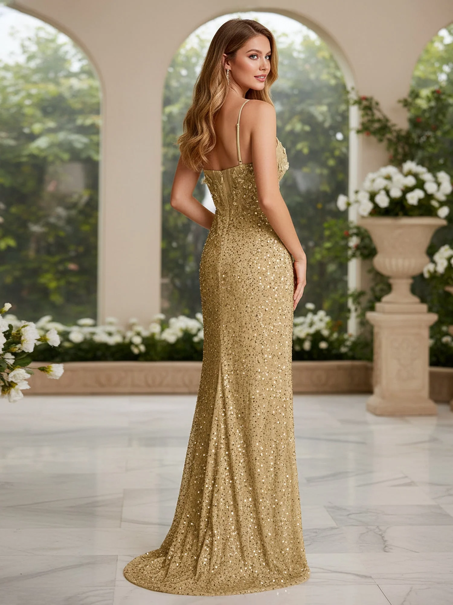 Spaghettiträger Pailletten Schleppe Schlitz Kleid Champagner - Image 2