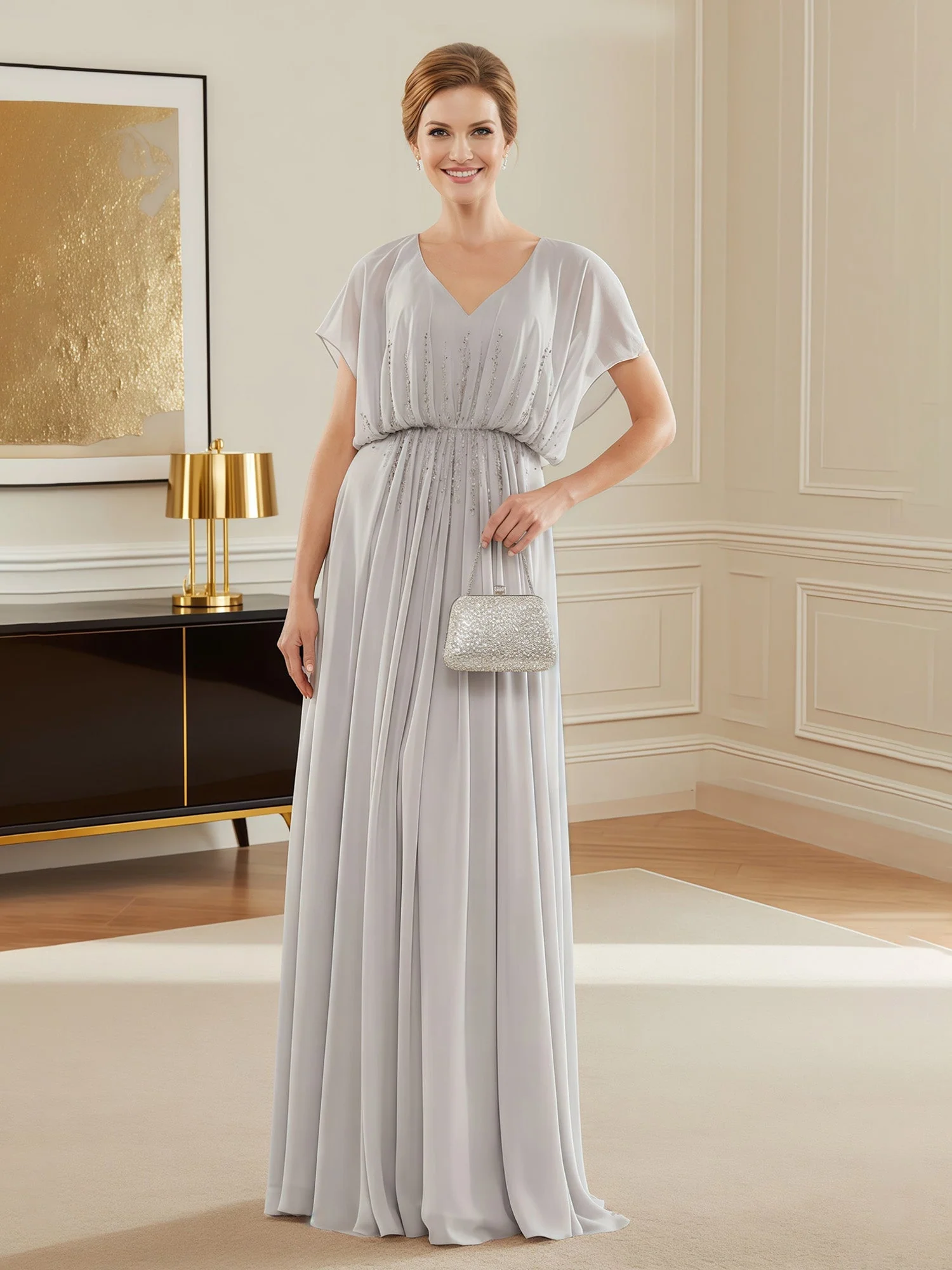 Elegant Abendkleid mit Perlen Drapiert Overlay Dunkelmarine
