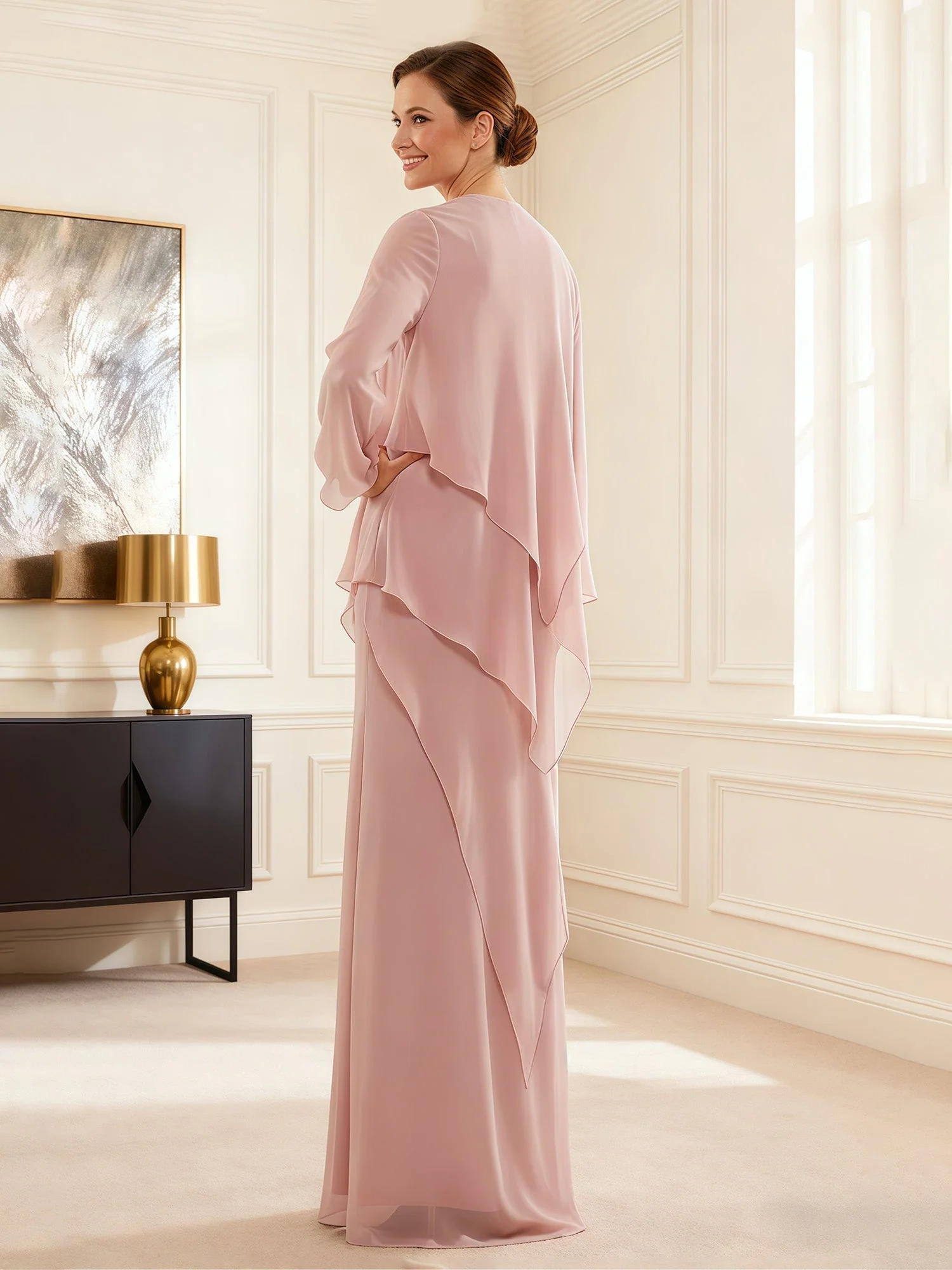 Chiffon Schichtig Kleid Ensemble mit Kaskadierend Jacke Moos - Image 2