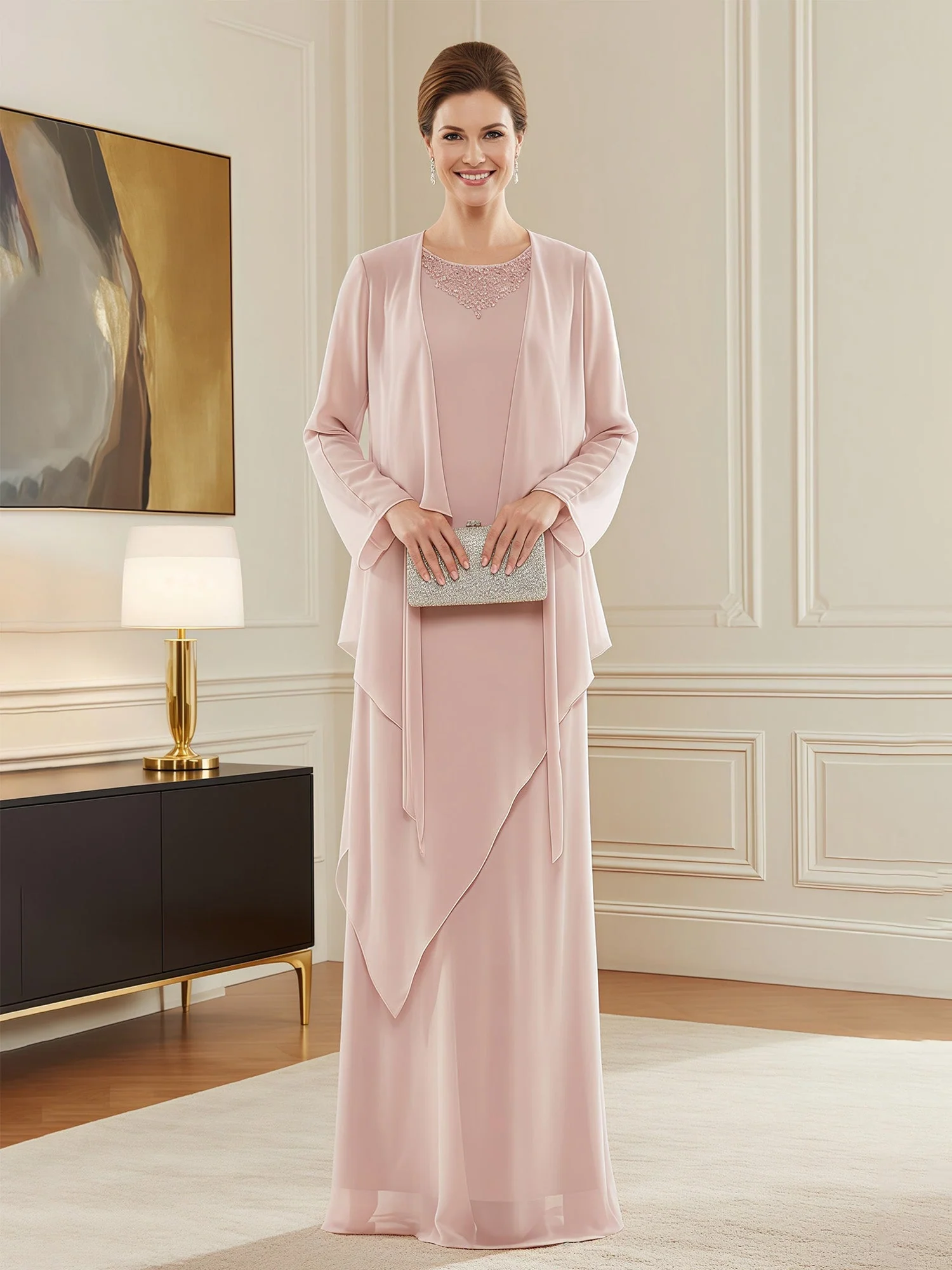 Chiffon Schichtig Kleid Ensemble mit Kaskadierend Jacke Orange