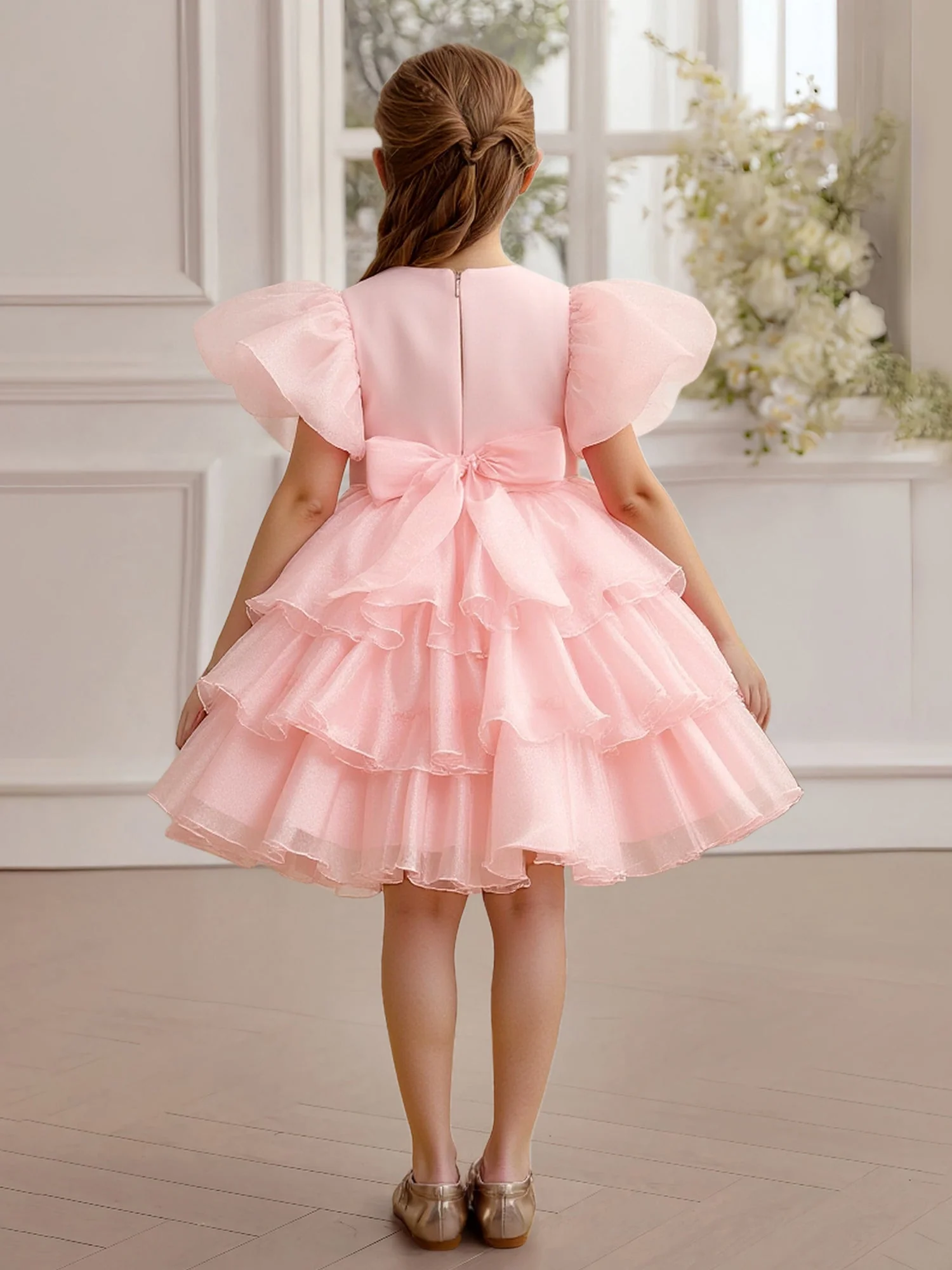 Puff Ärmel Rundhals Stufen Tüll Blumenmädchen Kleid Perlrosa - Image 2