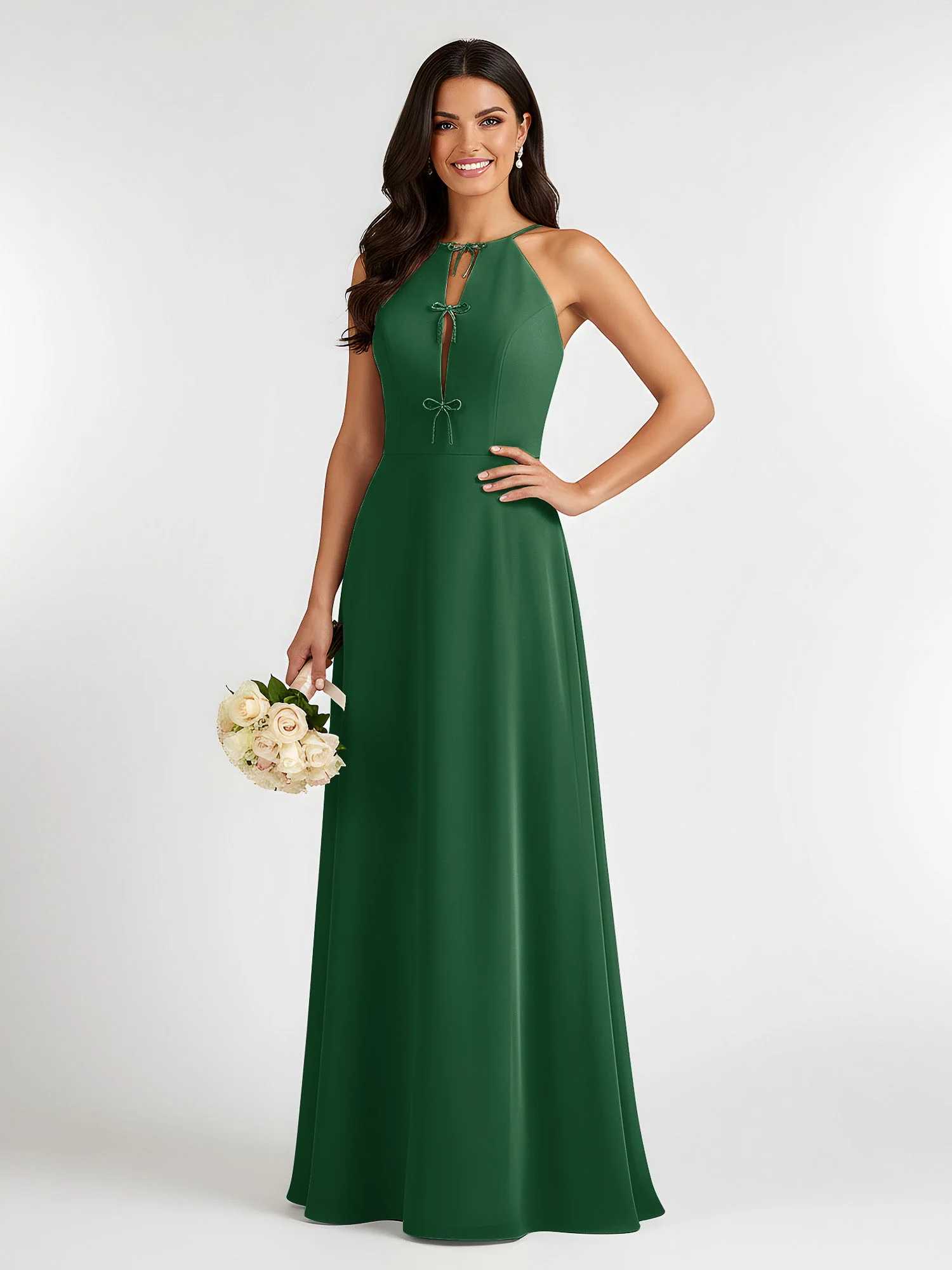 A-Linie Chiffon Ärmellos Schleife Halter Hals Kleider Dunkelgrün
