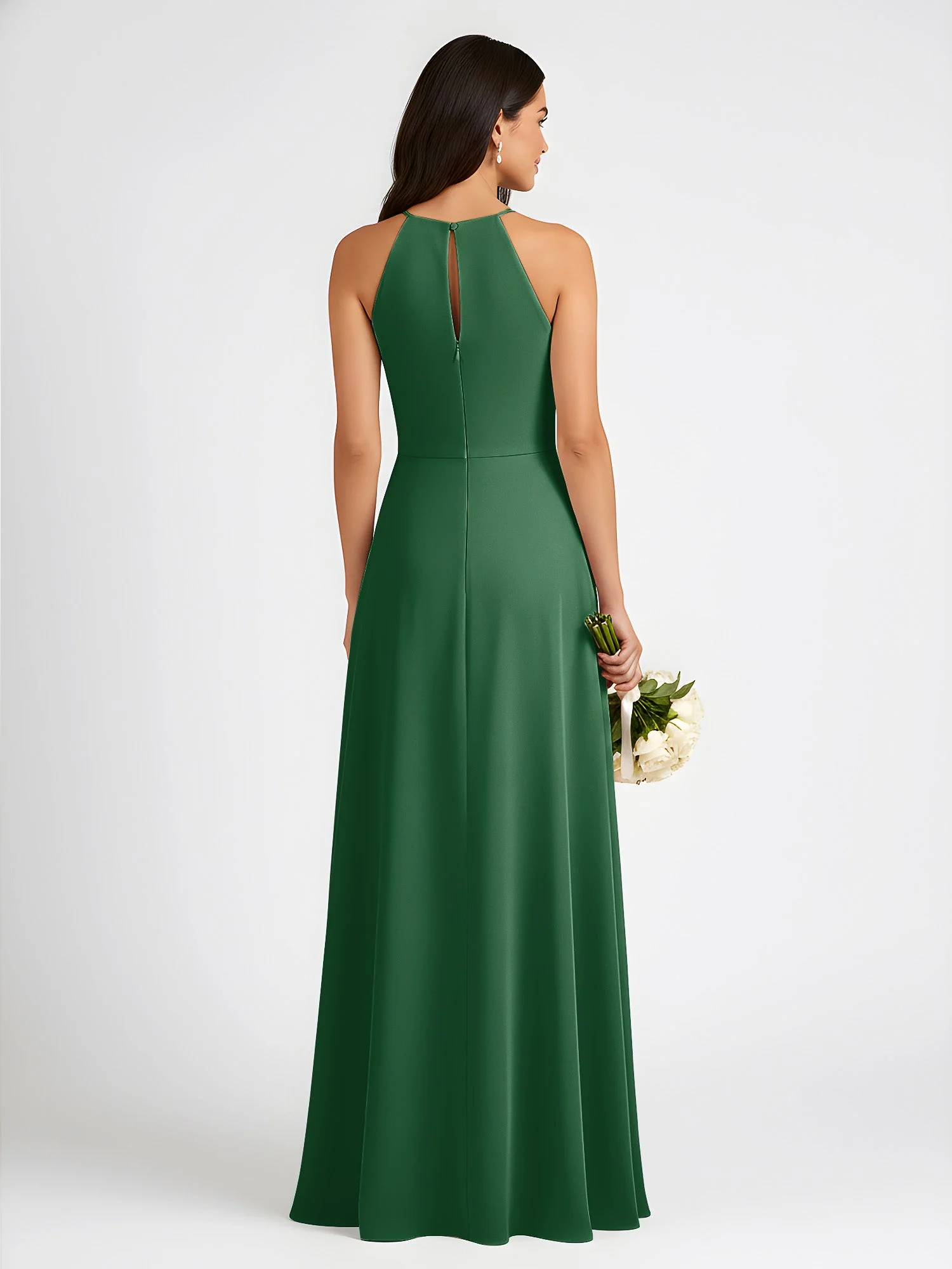 A-Linie Chiffon Ärmellos Schleife Halter Hals Kleider Dunkelgrün - Image 2