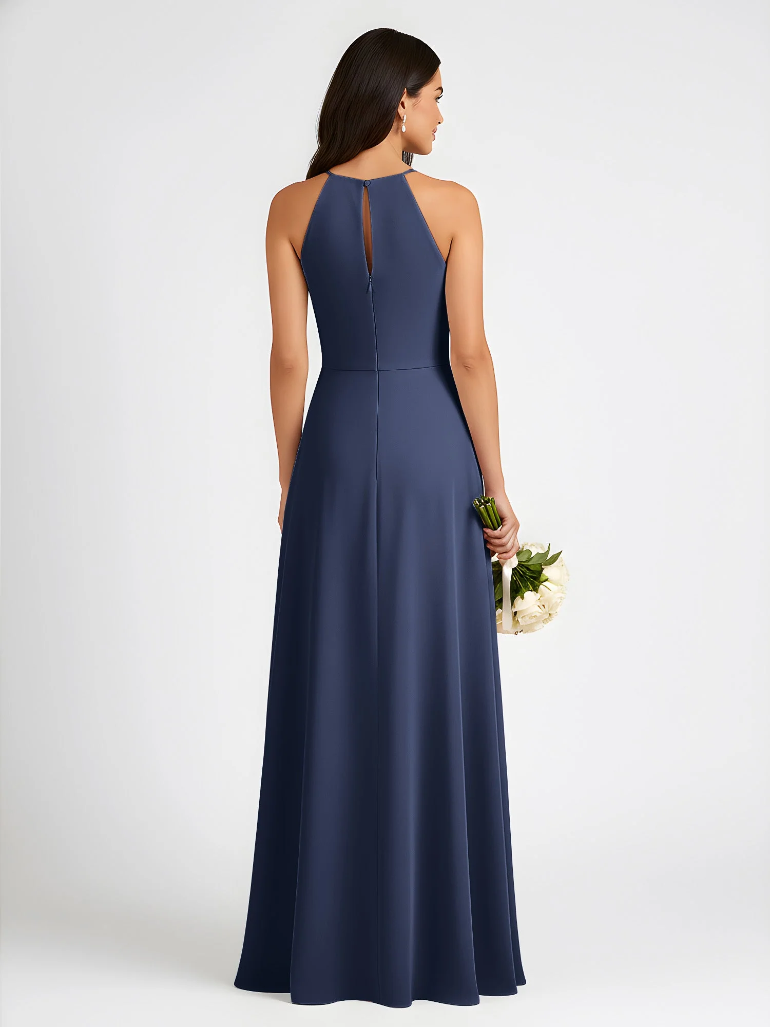 A-Linie Chiffon Ärmellos Schleife Halter Hals Kleider Dunkelmarine - Image 2