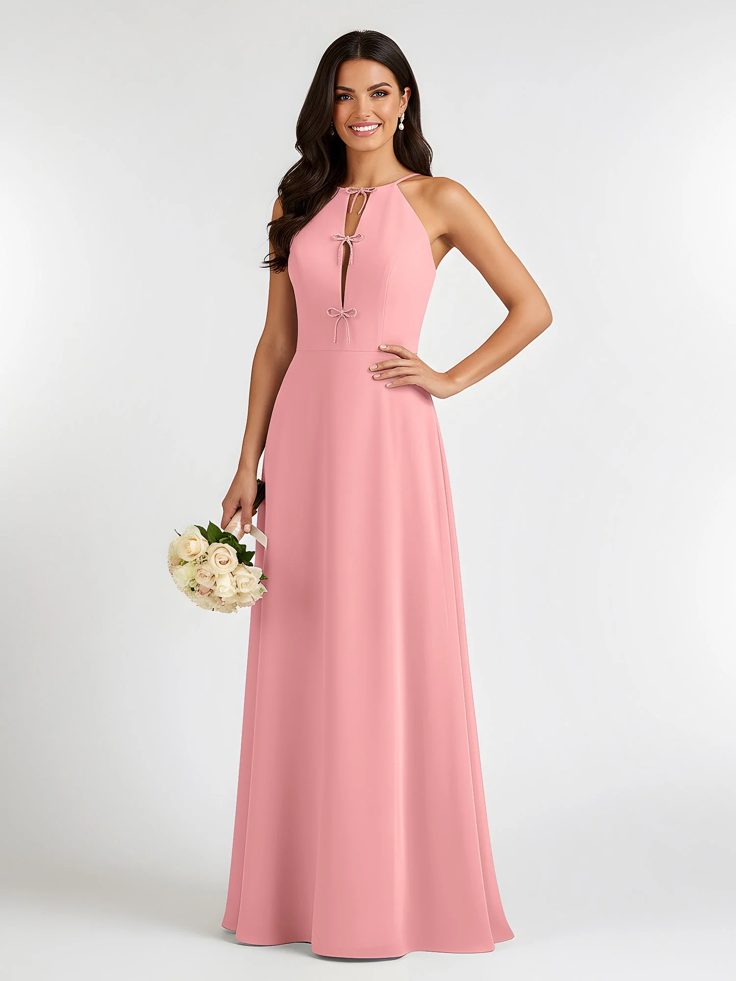 A-Linie Chiffon Ärmellos Schleife Halter Hals Kleider Flamingo