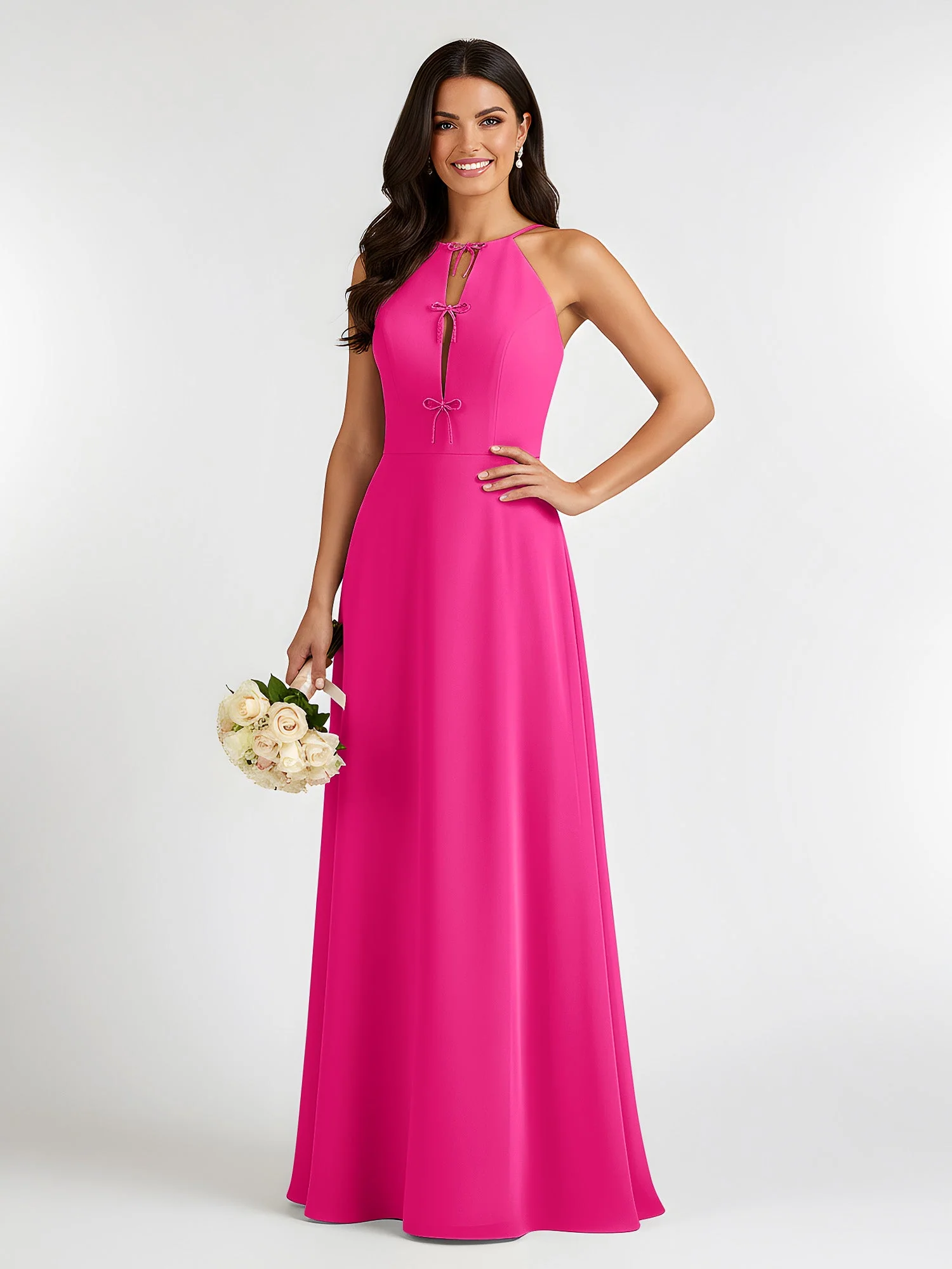 A-Linie Chiffon Ärmellos Schleife Halter Hals Kleider Fuchsia