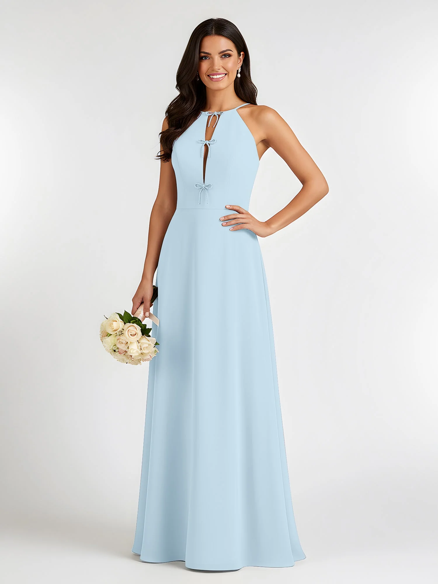 A-Linie Chiffon Ärmellos Schleife Halter Hals Kleider Himmelblau