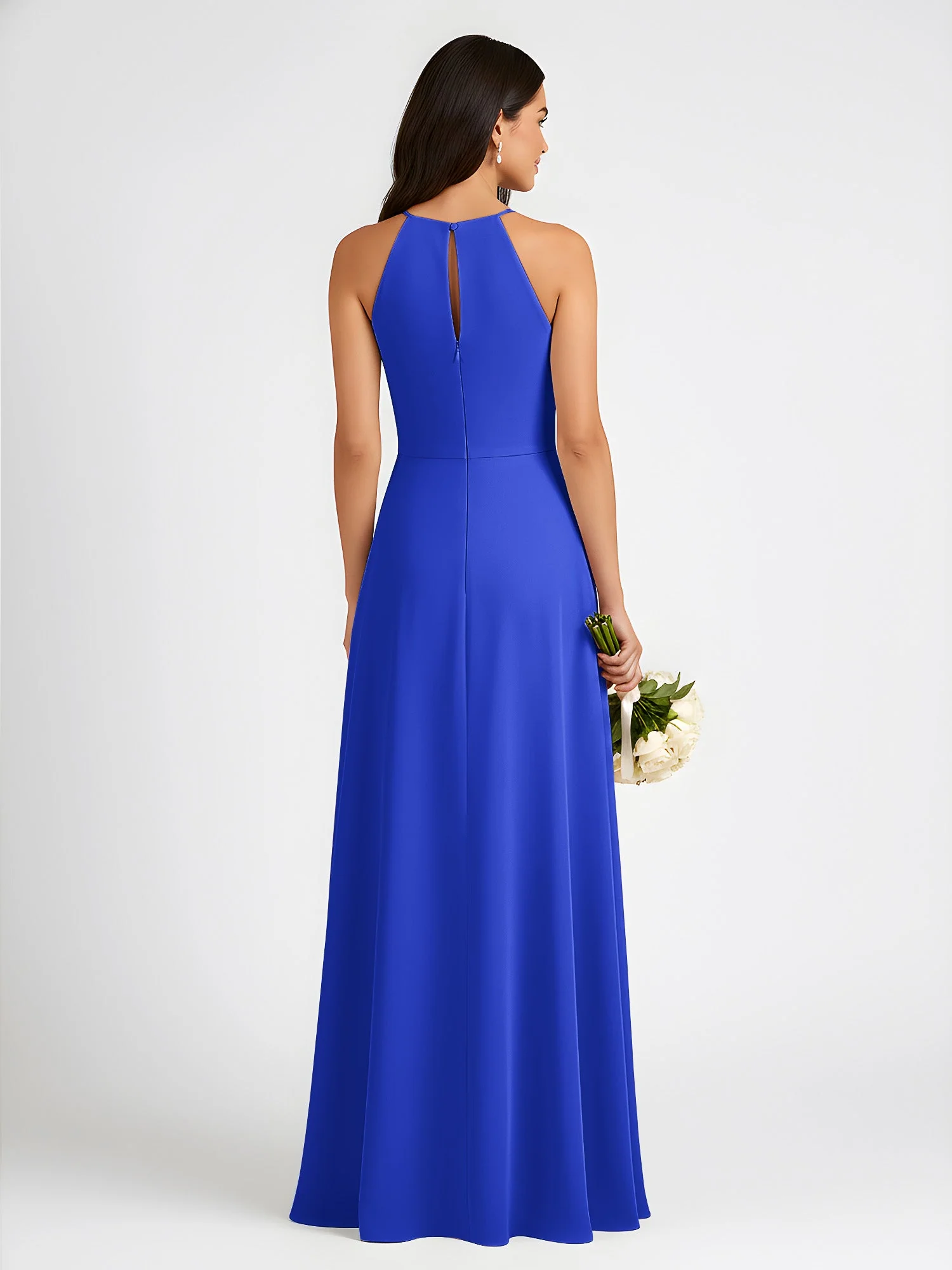 A-Linie Chiffon Ärmellos Schleife Halter Hals Kleider Königsblau - Image 2
