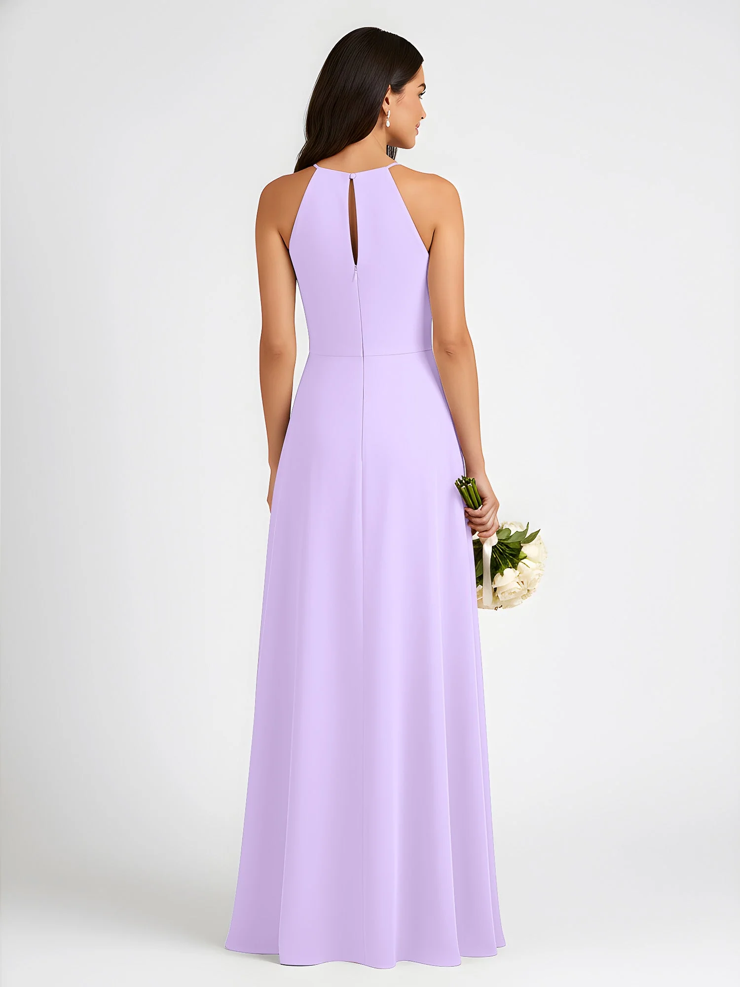 A-Linie Chiffon Ärmellos Schleife Halter Hals Kleider Lila - Image 2