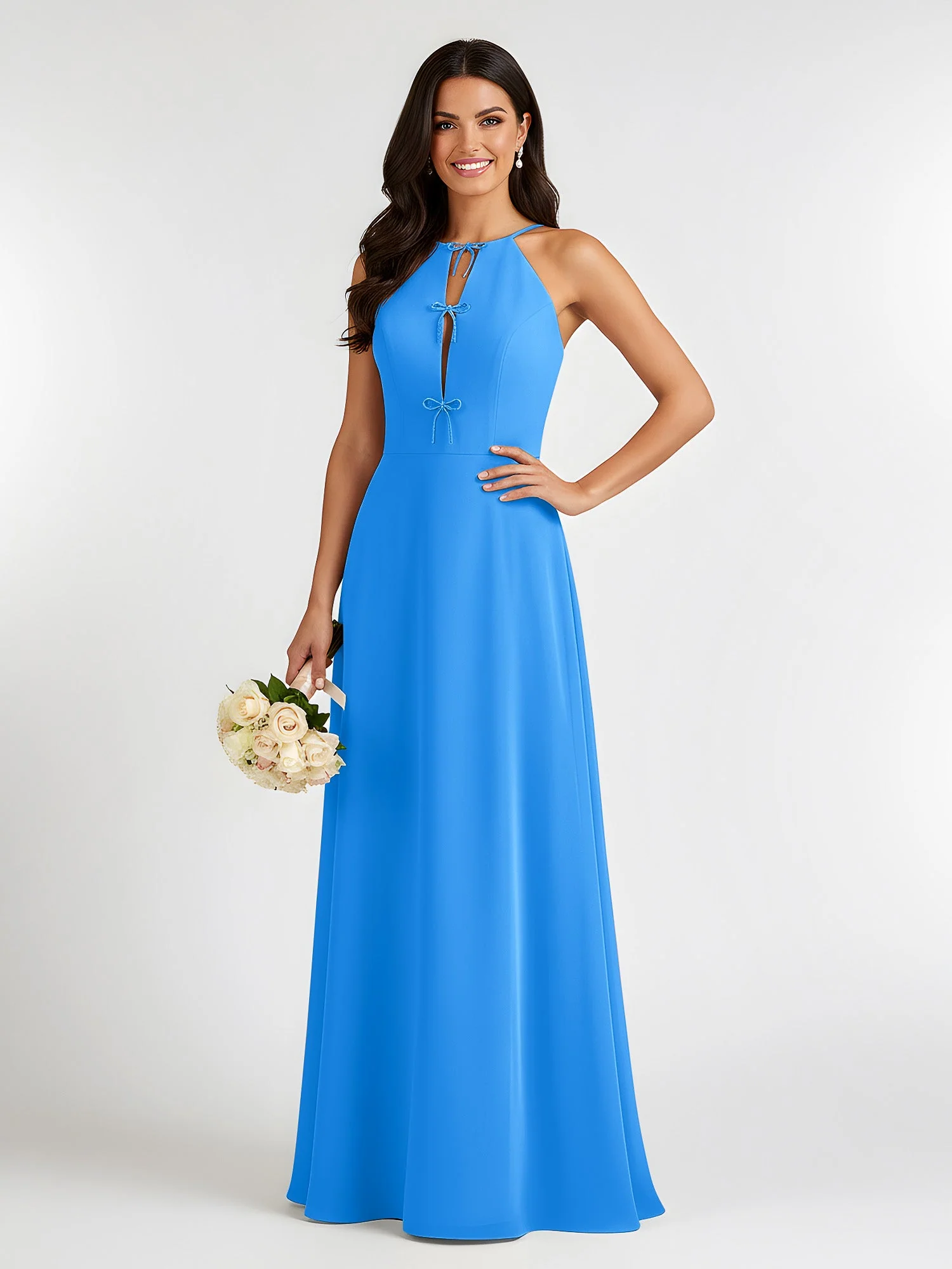 A-Linie Chiffon Ärmellos Schleife Halter Hals Kleider Meerblau