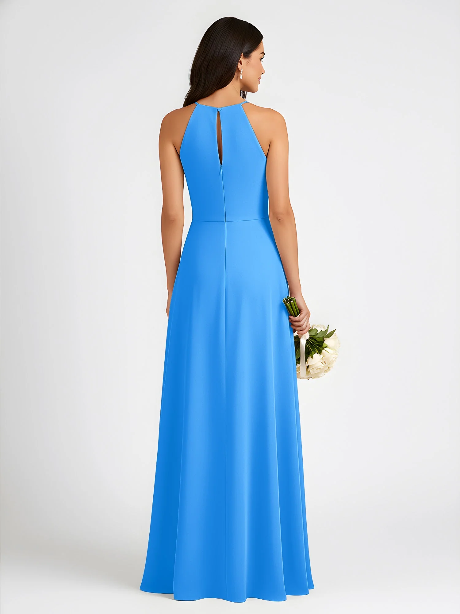 A-Linie Chiffon Ärmellos Schleife Halter Hals Kleider Meerblau - Image 2