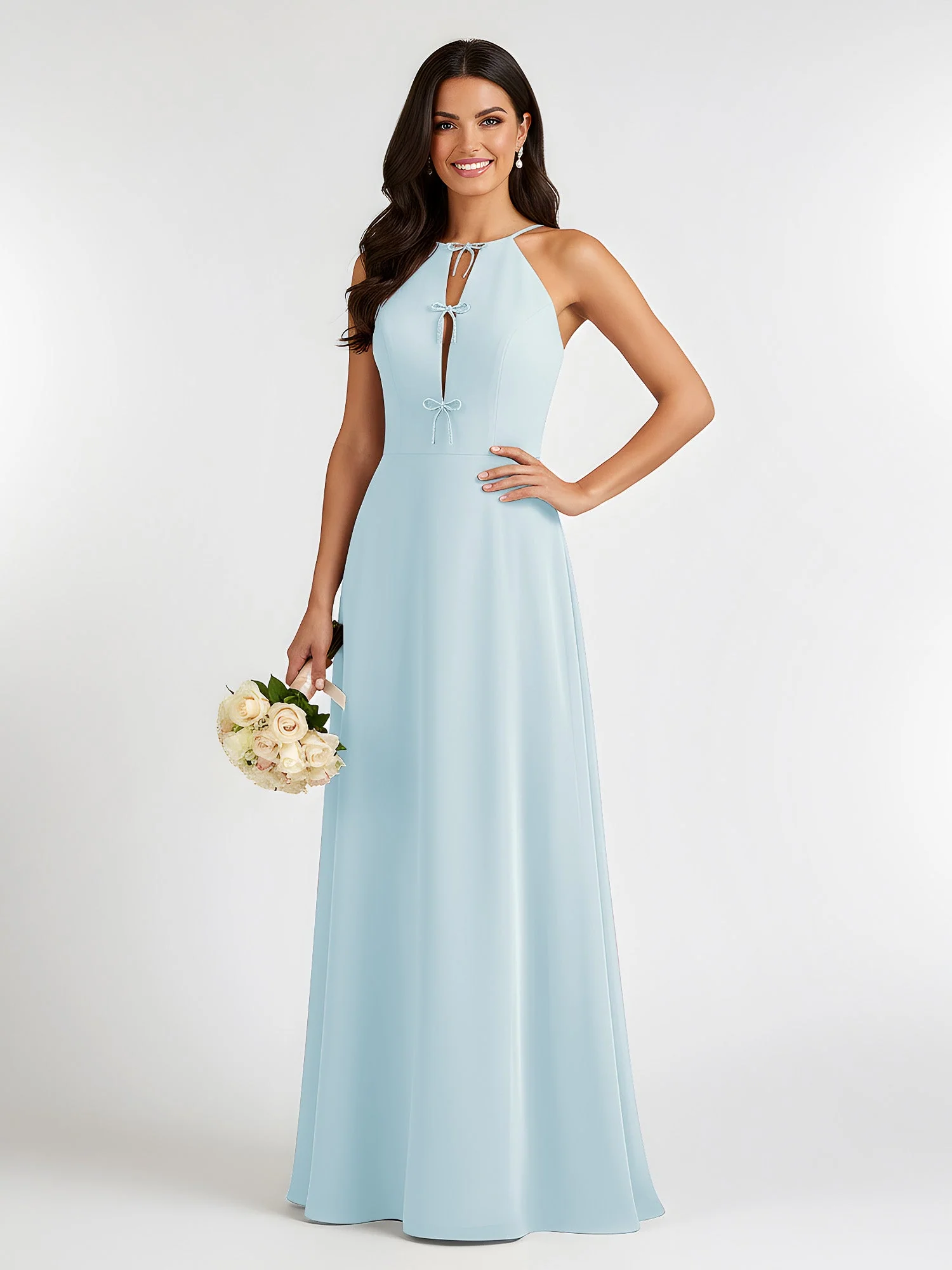A-Linie Chiffon Ärmellos Schleife Halter Hals Kleider Nebel