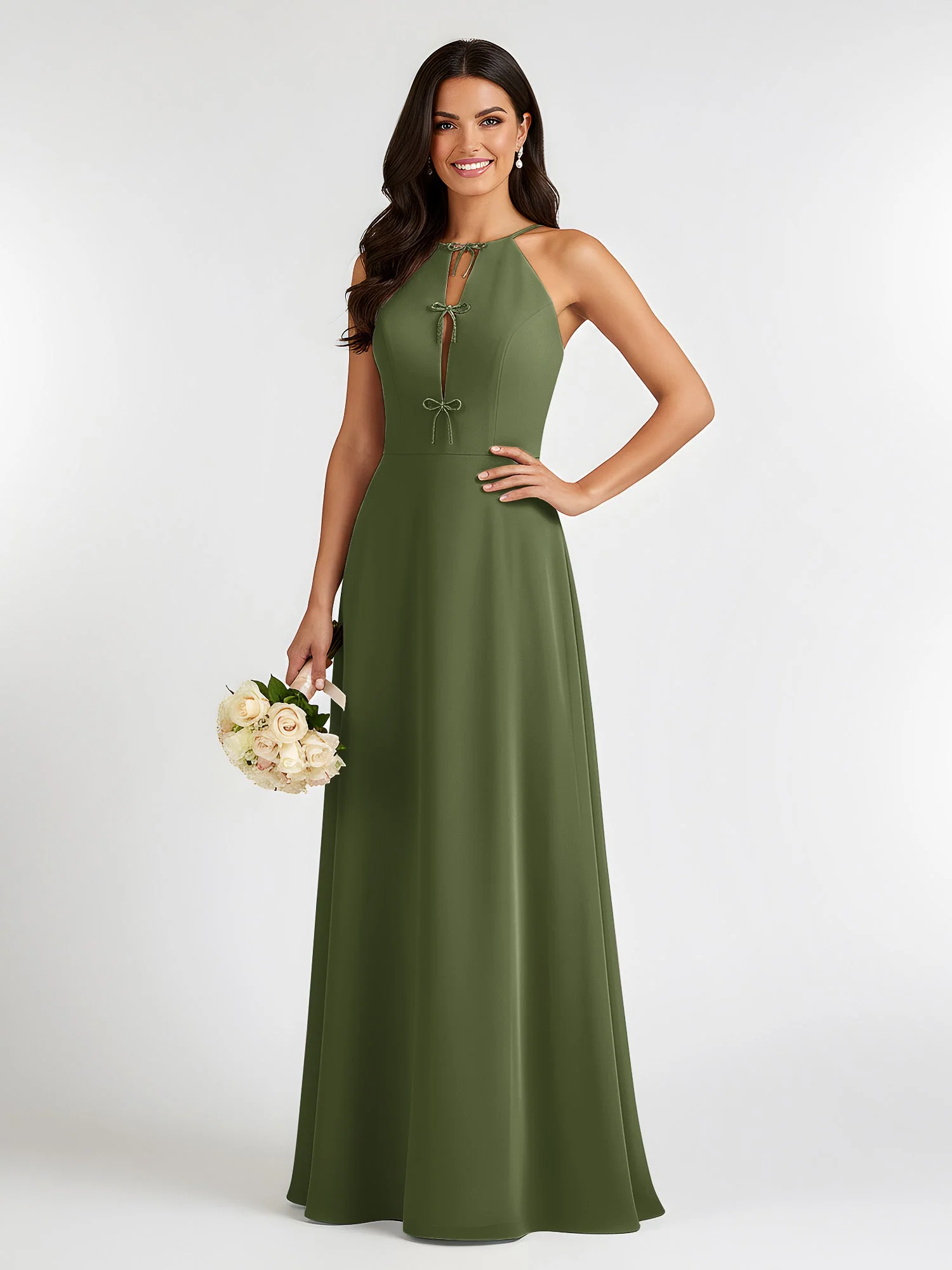 A-Linie Chiffon Ärmellos Schleife Halter Hals Kleider Olivgrün