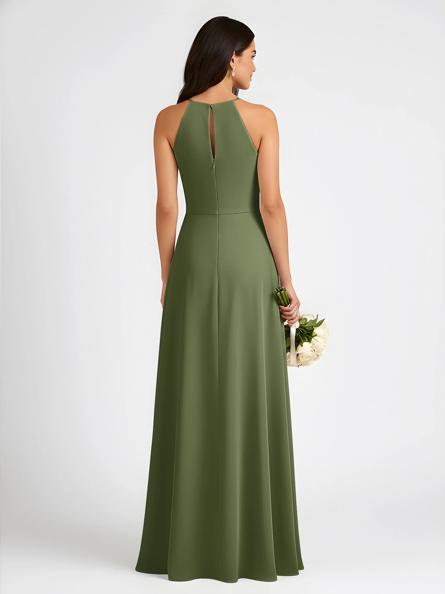 A-Linie Chiffon Ärmellos Schleife Halter Hals Kleider Olivgrün - Image 2