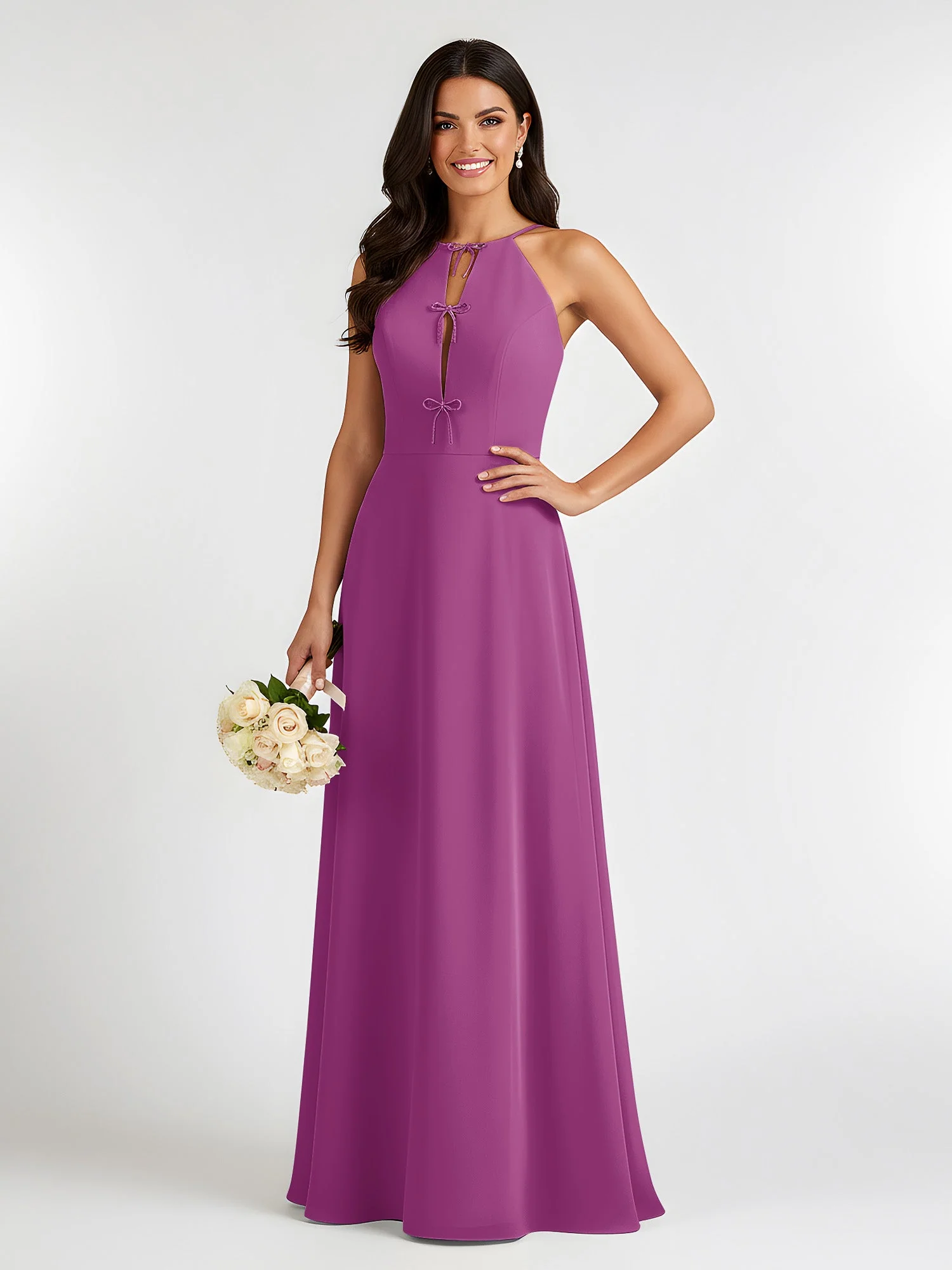 A-Linie Chiffon Ärmellos Schleife Halter Hals Kleider Orchidee