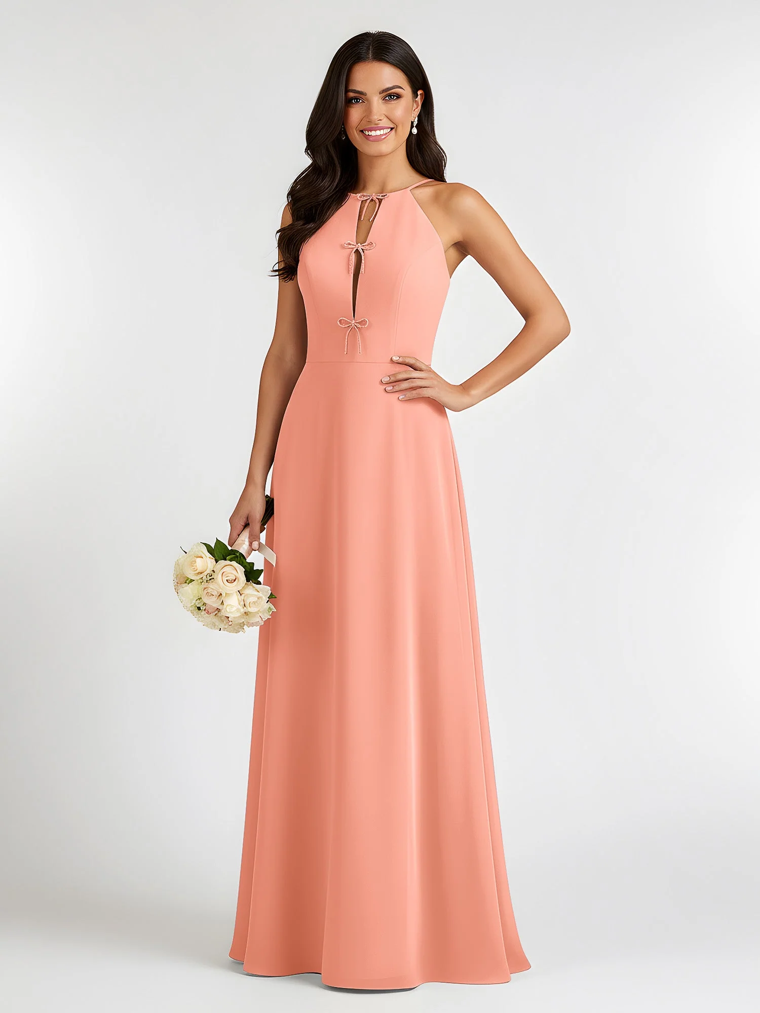 A-Linie Chiffon Ärmellos Schleife Halter Hals Kleider Papaya