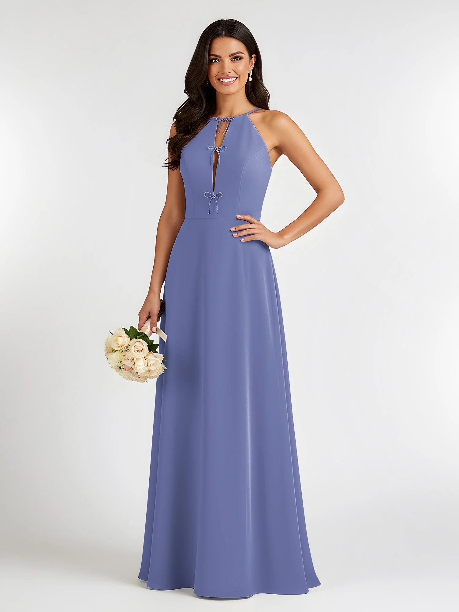 A-Linie Chiffon Ärmellos Schleife Halter Hals Kleider Periwinkleblau