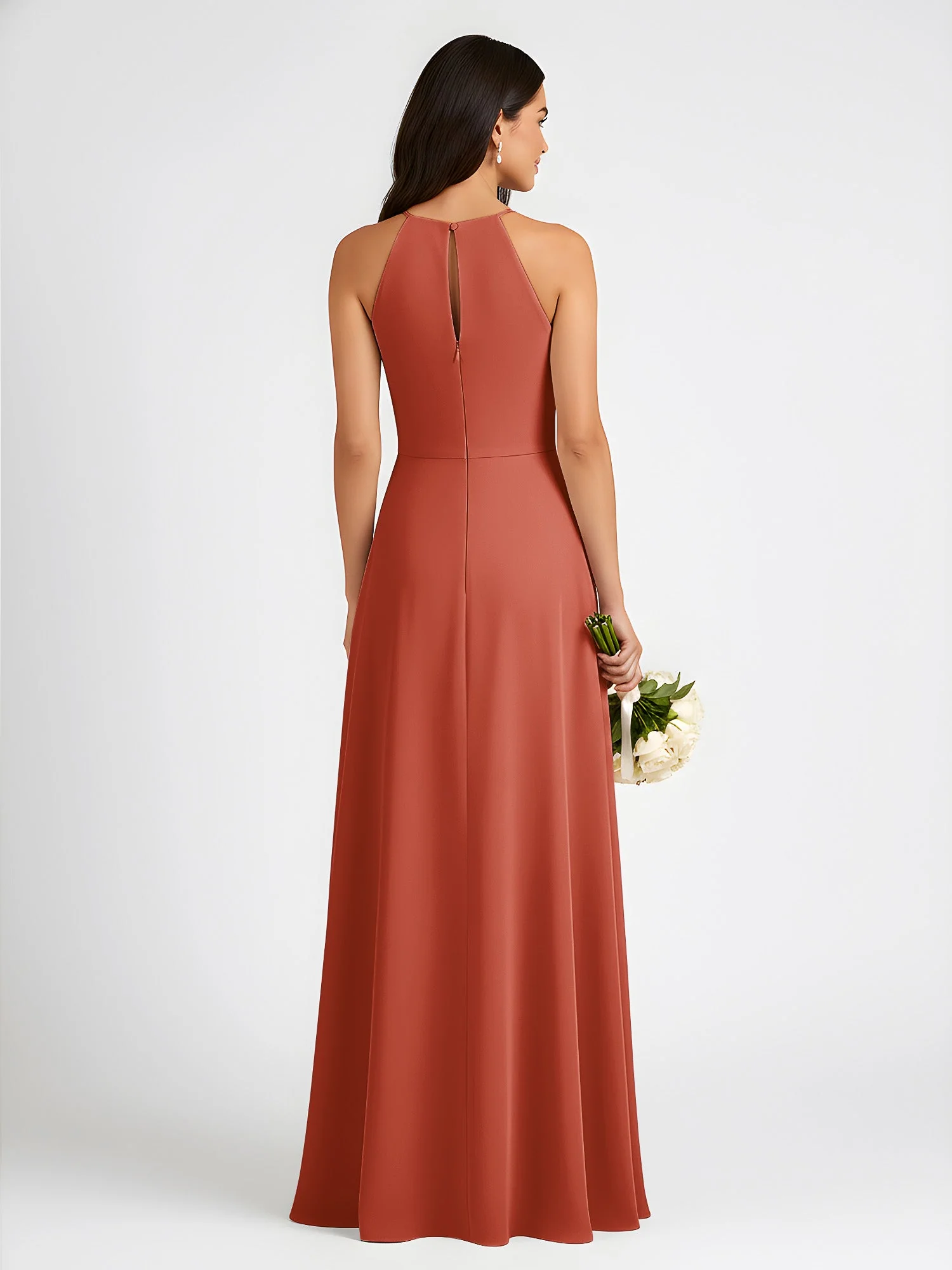 A-Linie Chiffon Ärmellos Schleife Halter Hals Kleider Rost - Image 2