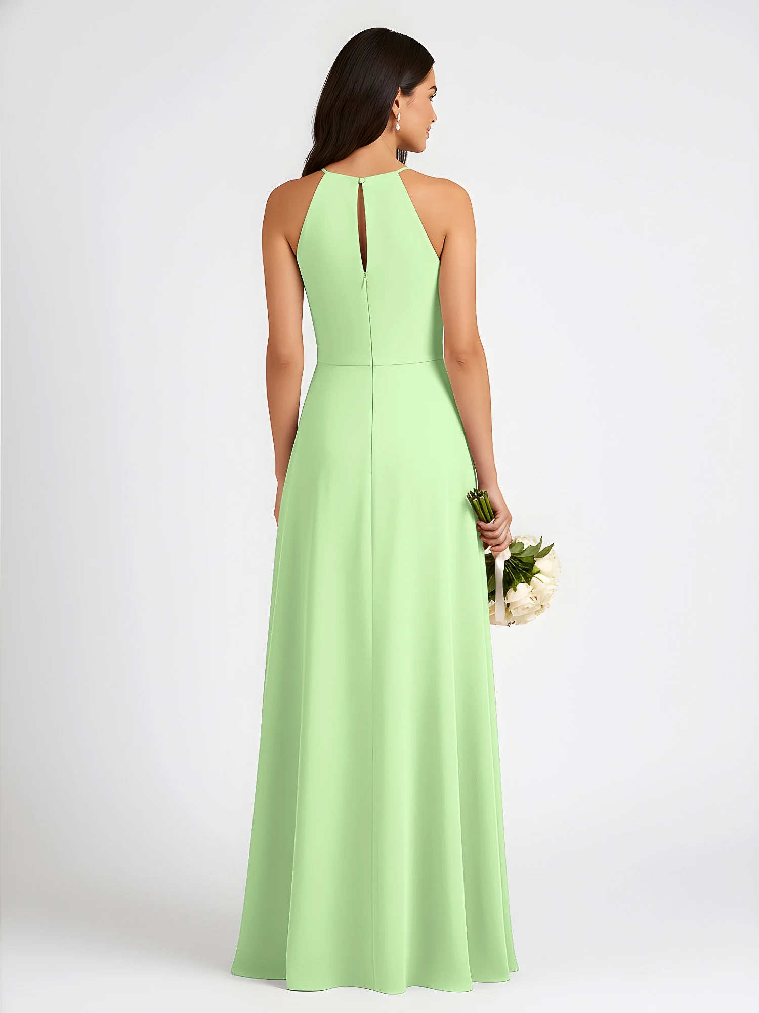 A-Linie Chiffon Ärmellos Schleife Halter Hals Kleider Salbei - Image 2